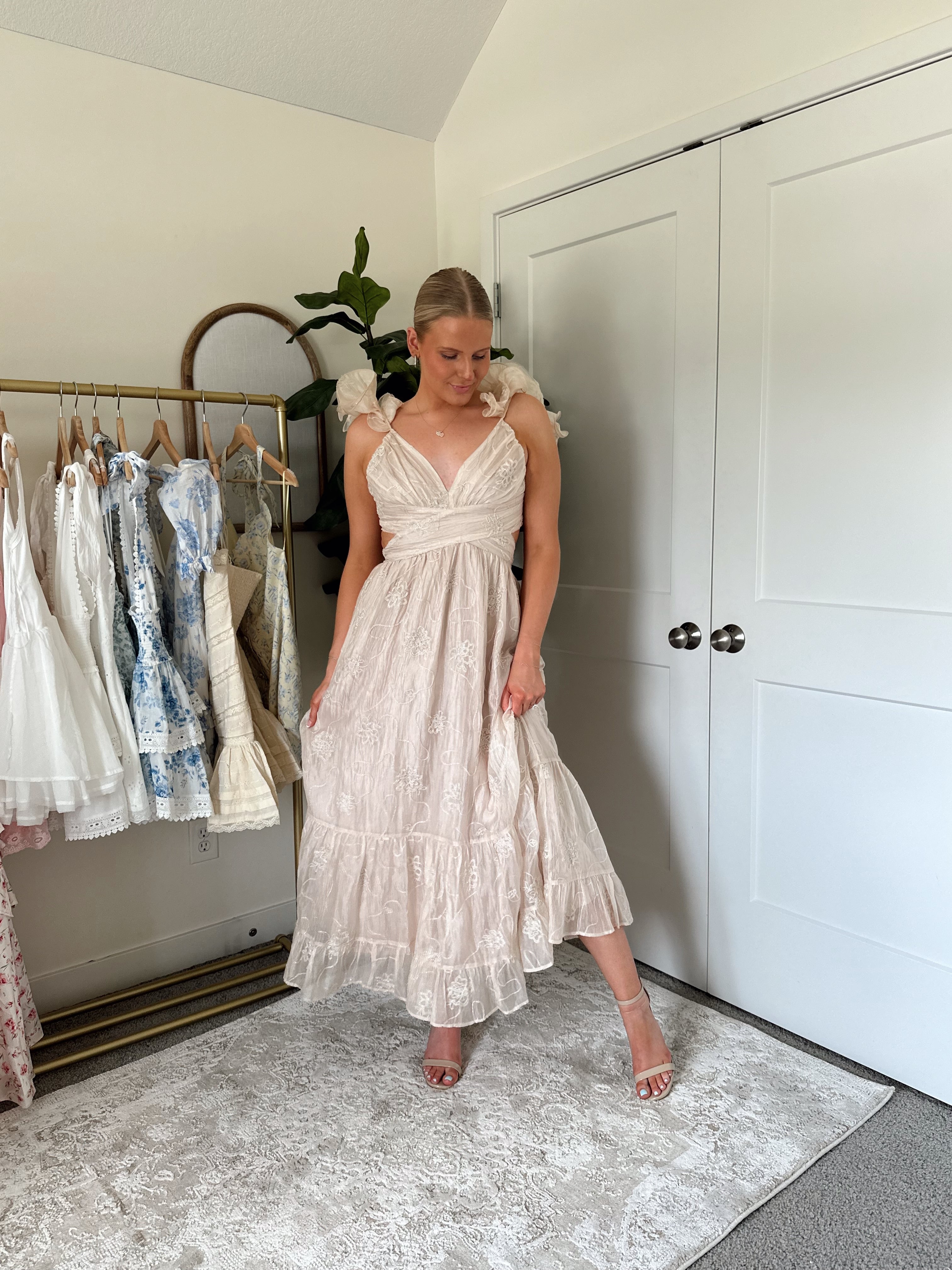 Champagne embroidered floral midi dress with ruffles, side cutouts, and lace-up open back