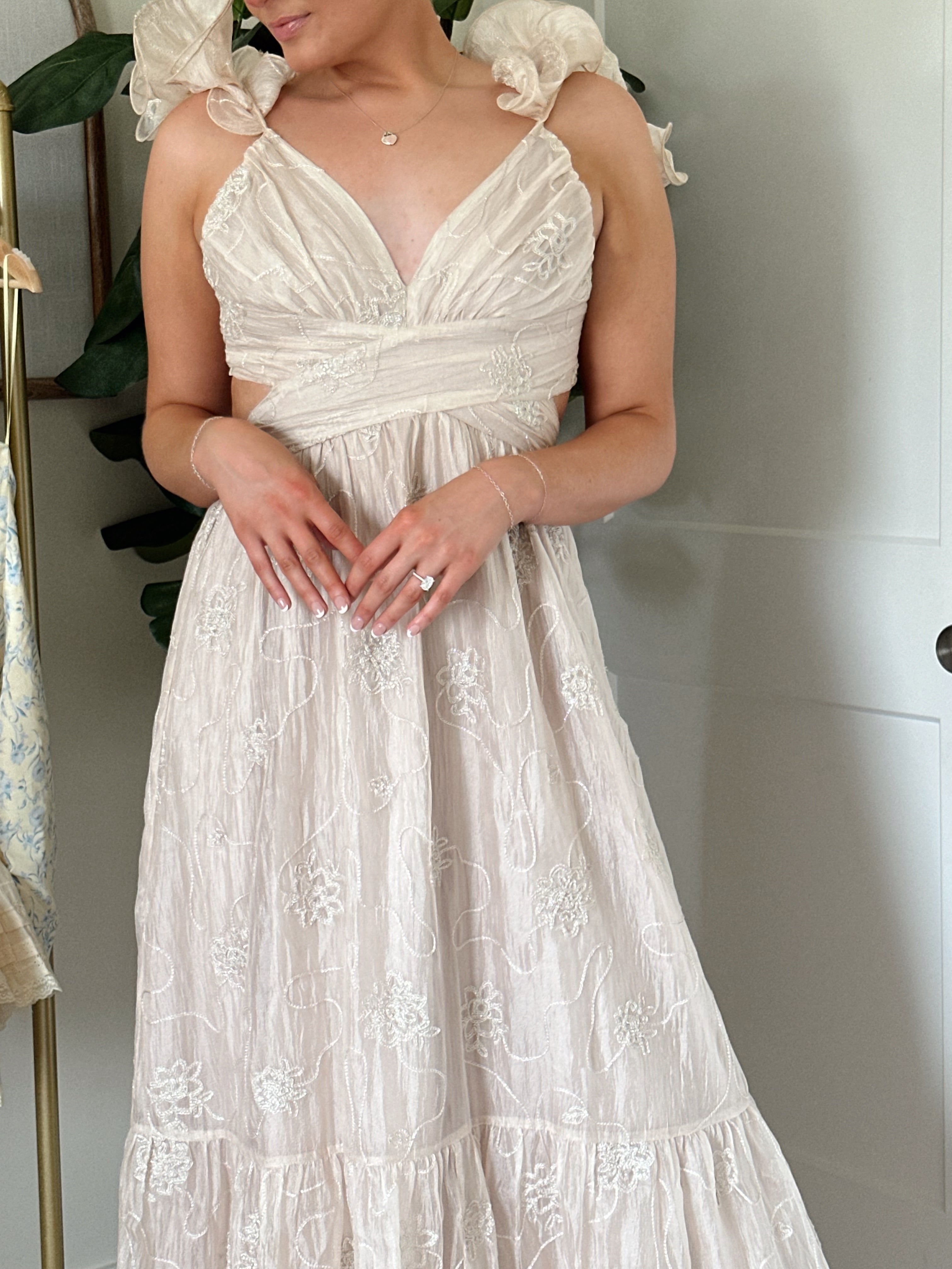 Champagne embroidered floral midi dress with ruffles, side cutouts, and lace-up open back