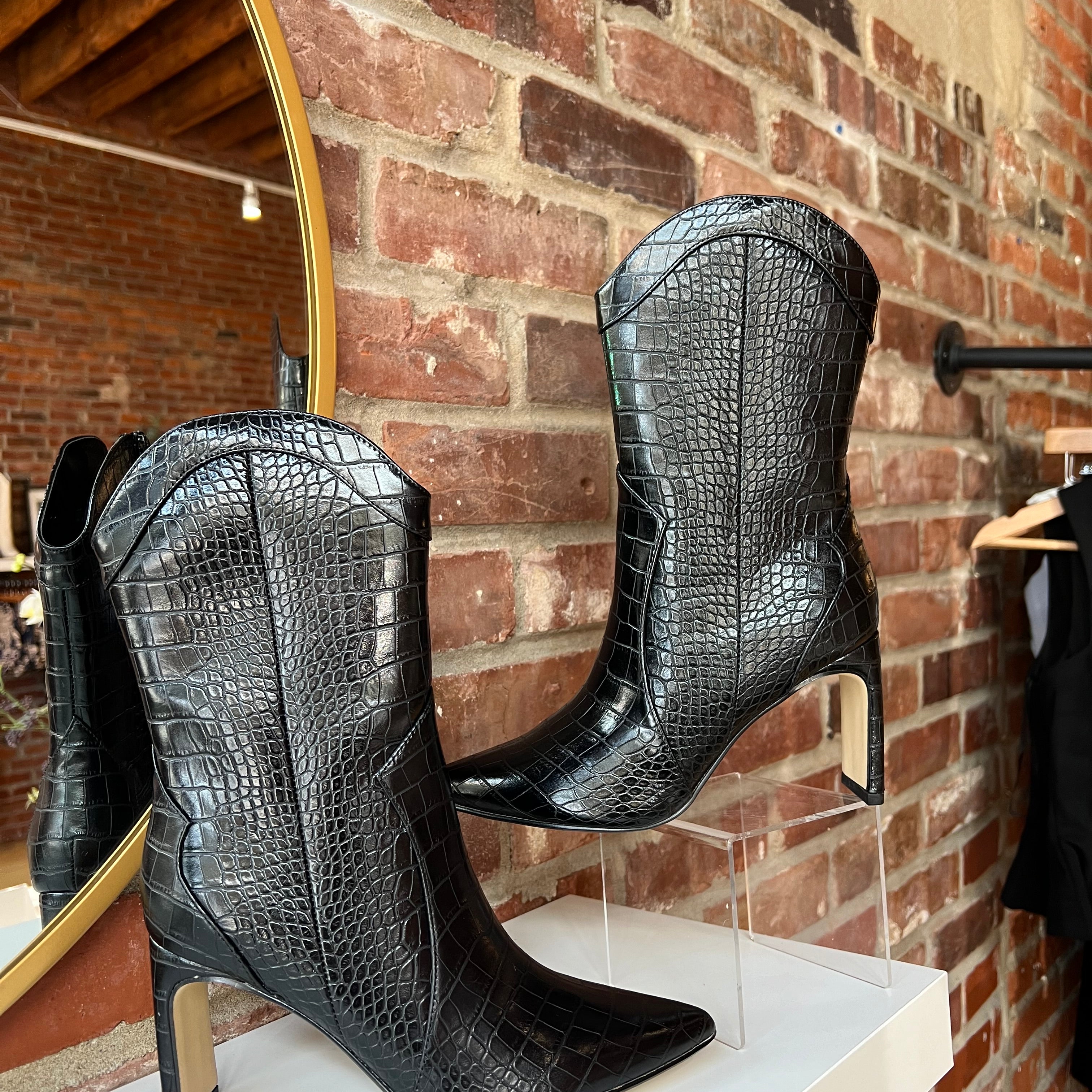 Black croc mid calf closed toed boot with zipper closure. 