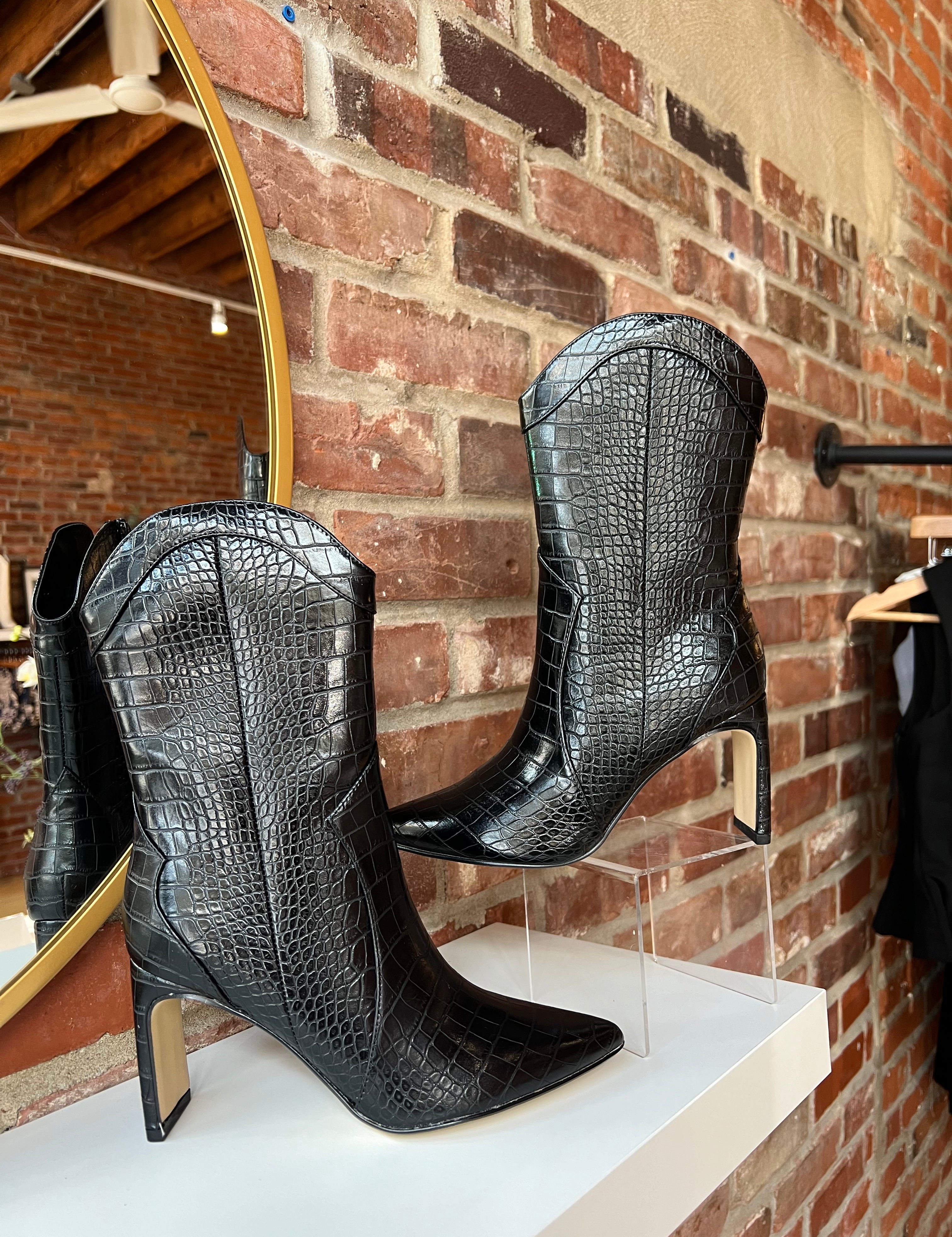 Black croc mid calf closed toed boot with zipper closure. 