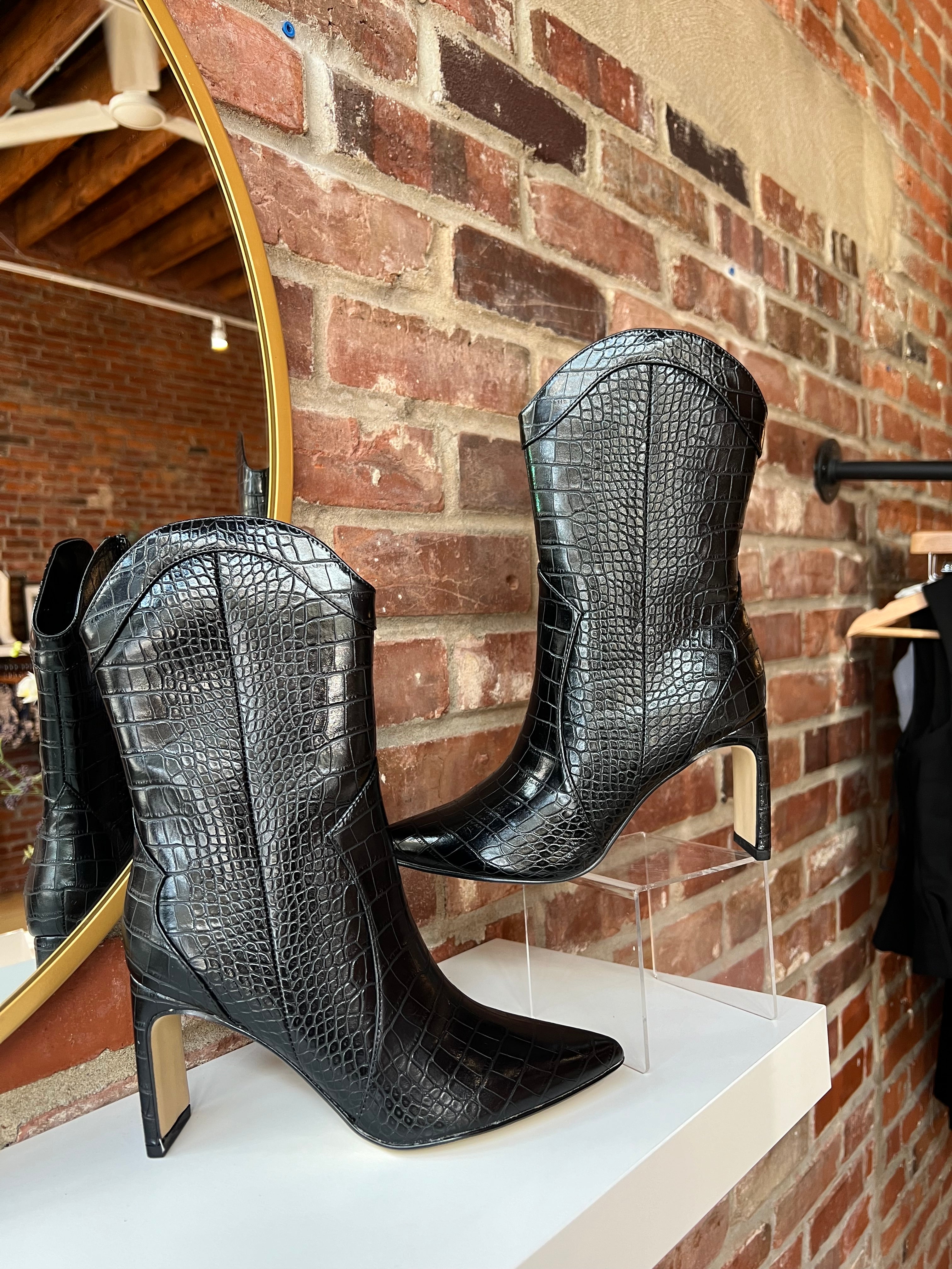 Black croc mid calf closed toed boot with zipper closure. 