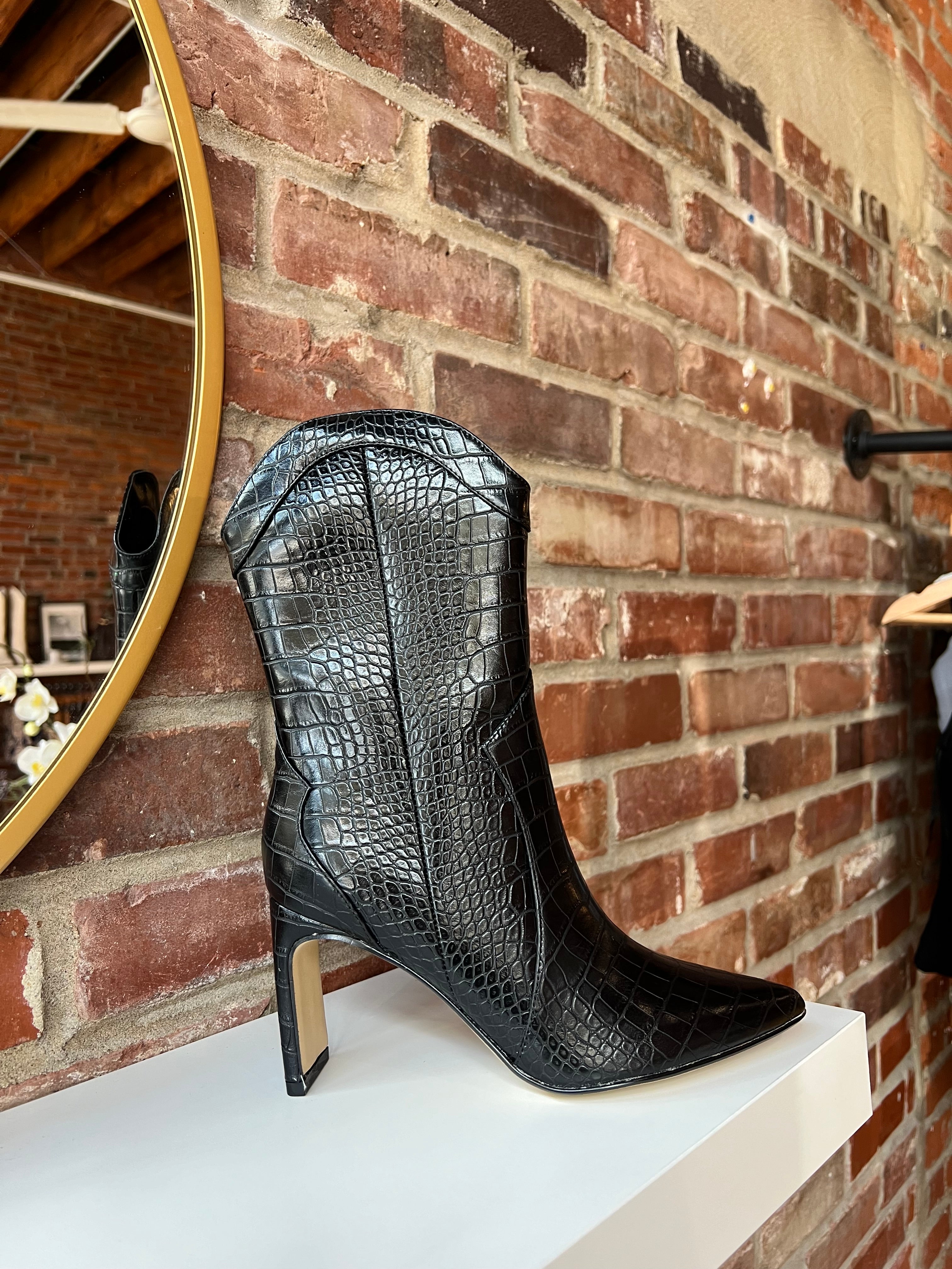 Black croc mid calf closed toed boot with zipper closure. 
