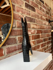 Black croc mid calf closed toed boot with zipper closure. 