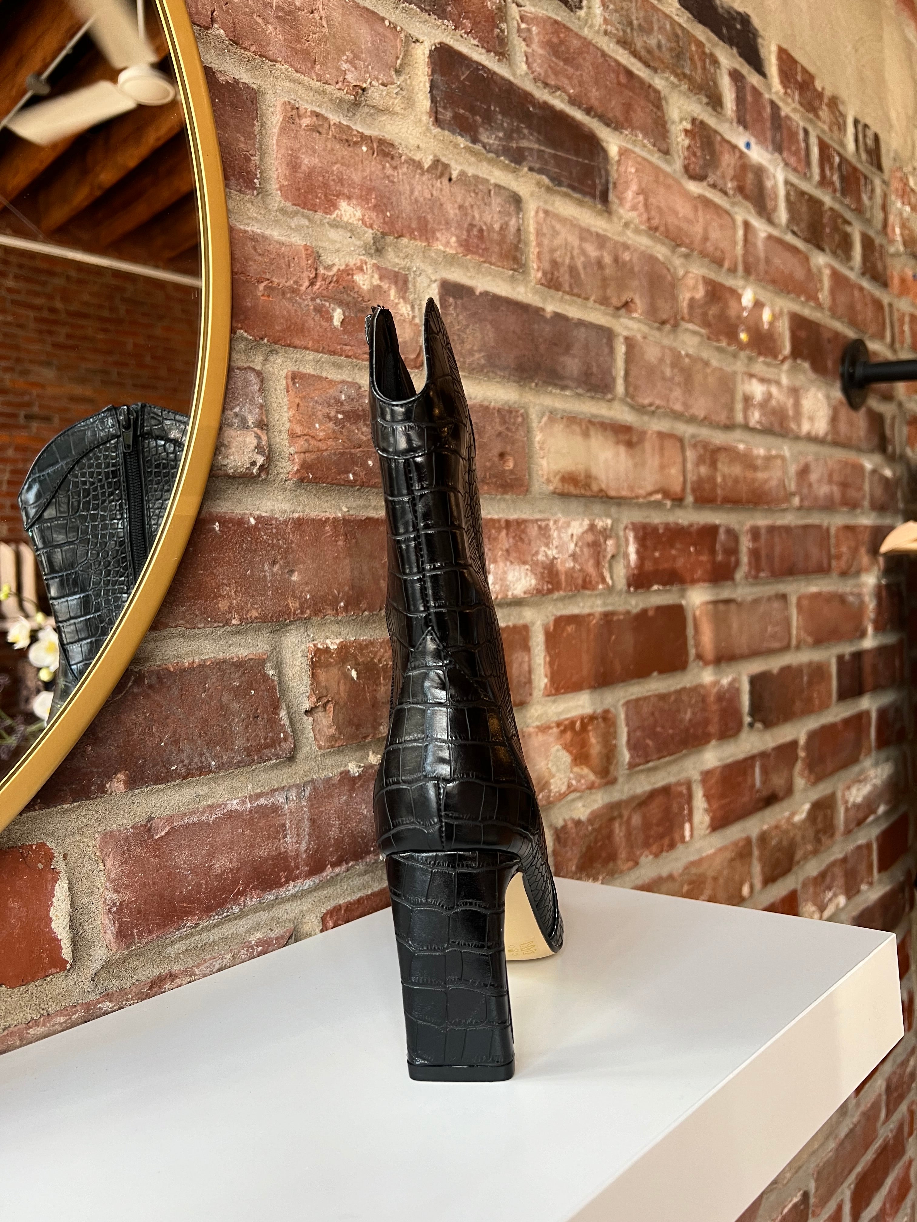 Black croc mid calf closed toed boot with zipper closure. 