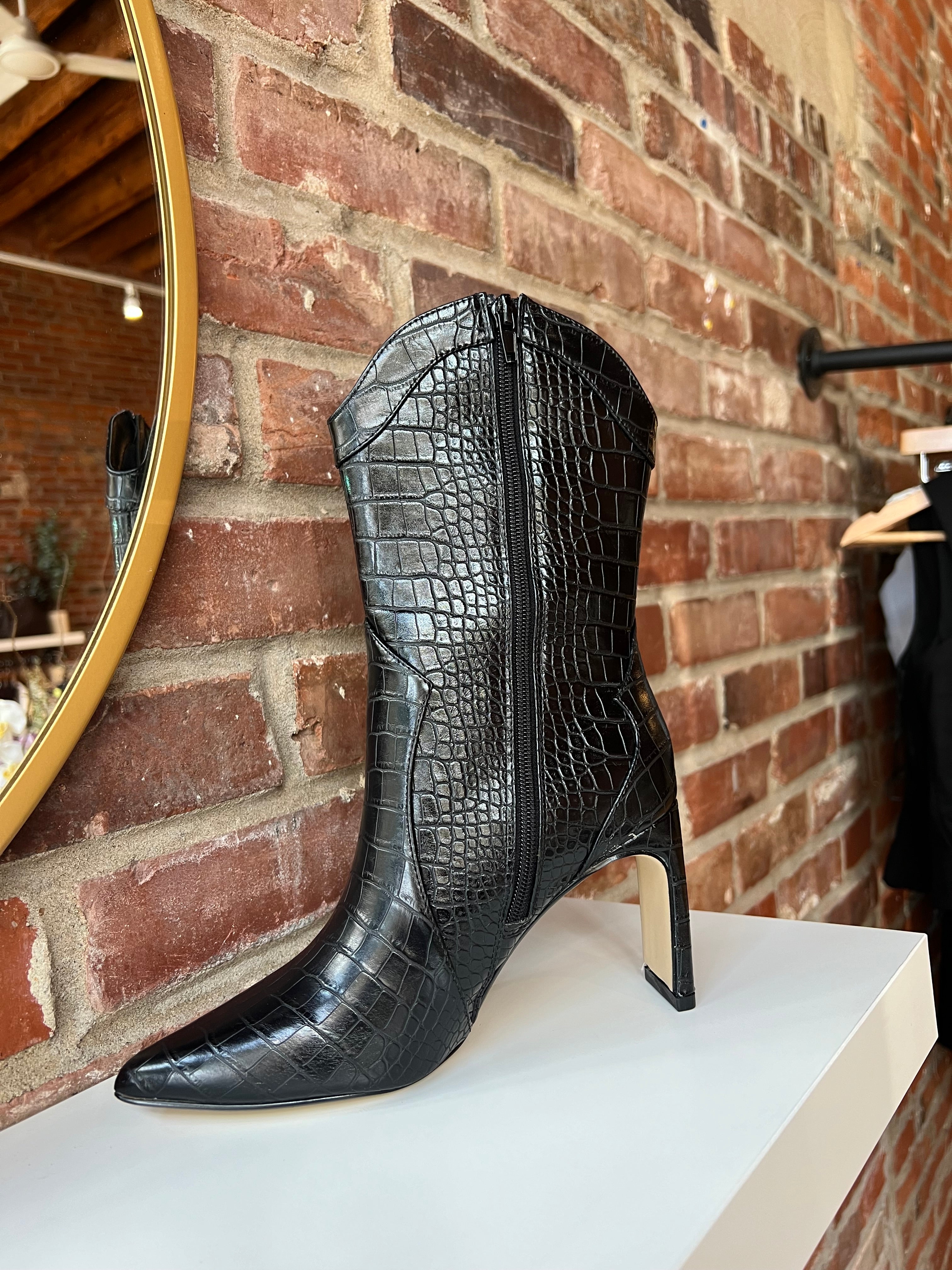 Black croc mid calf closed toed boot with zipper closure. 