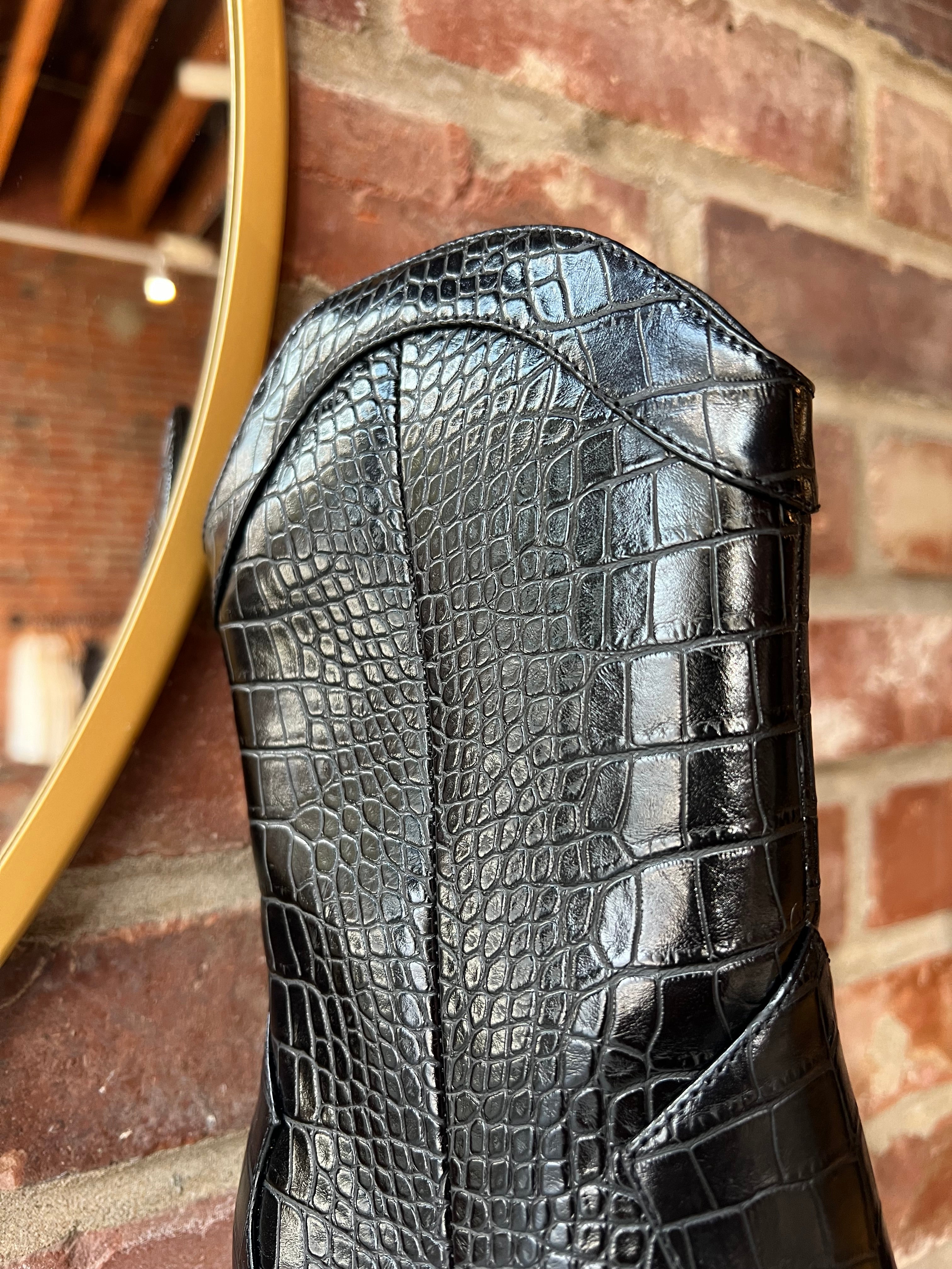 Black croc mid calf closed toed boot with zipper closure. 