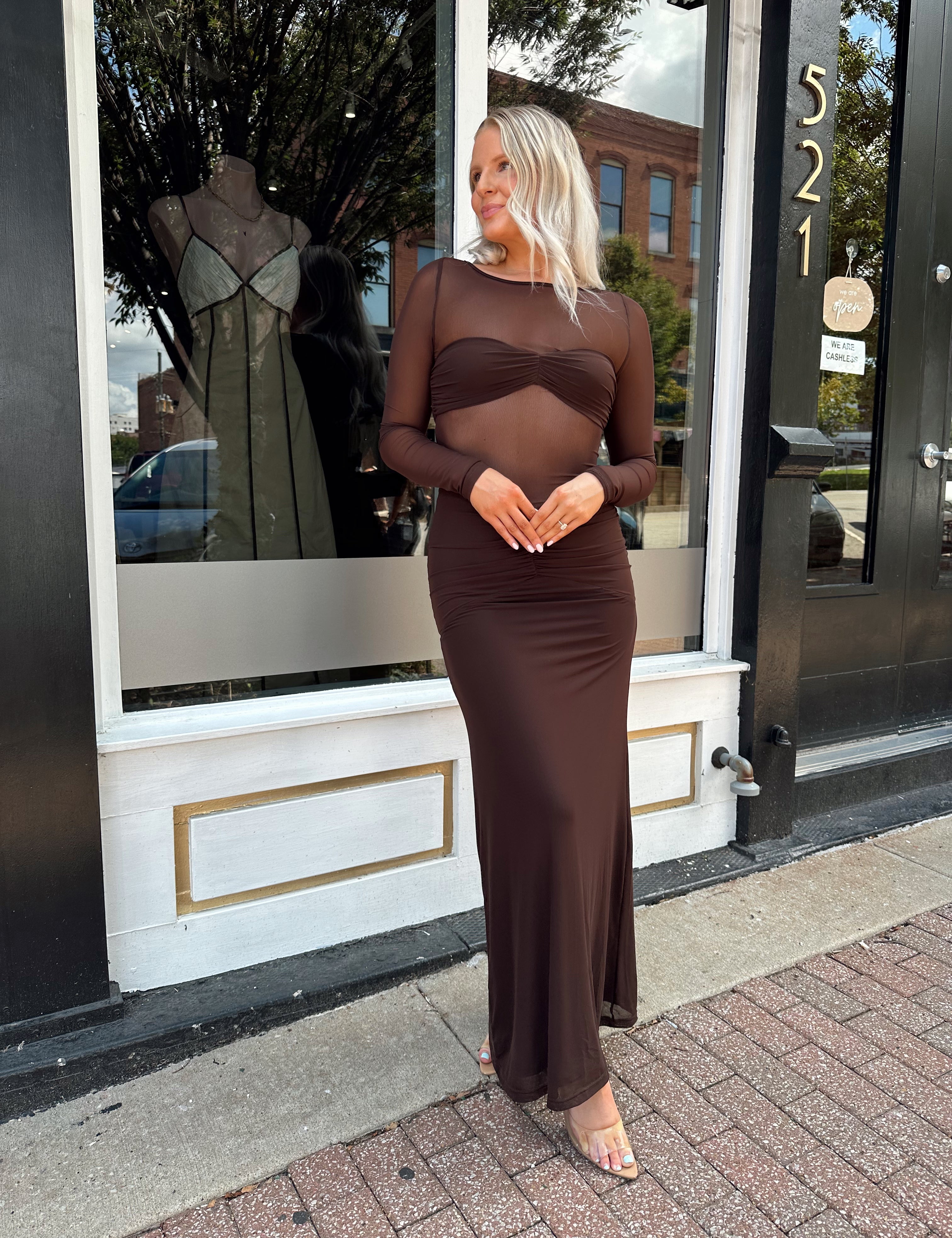 Woman wearing a long sleeve brown sheer maxi dress.