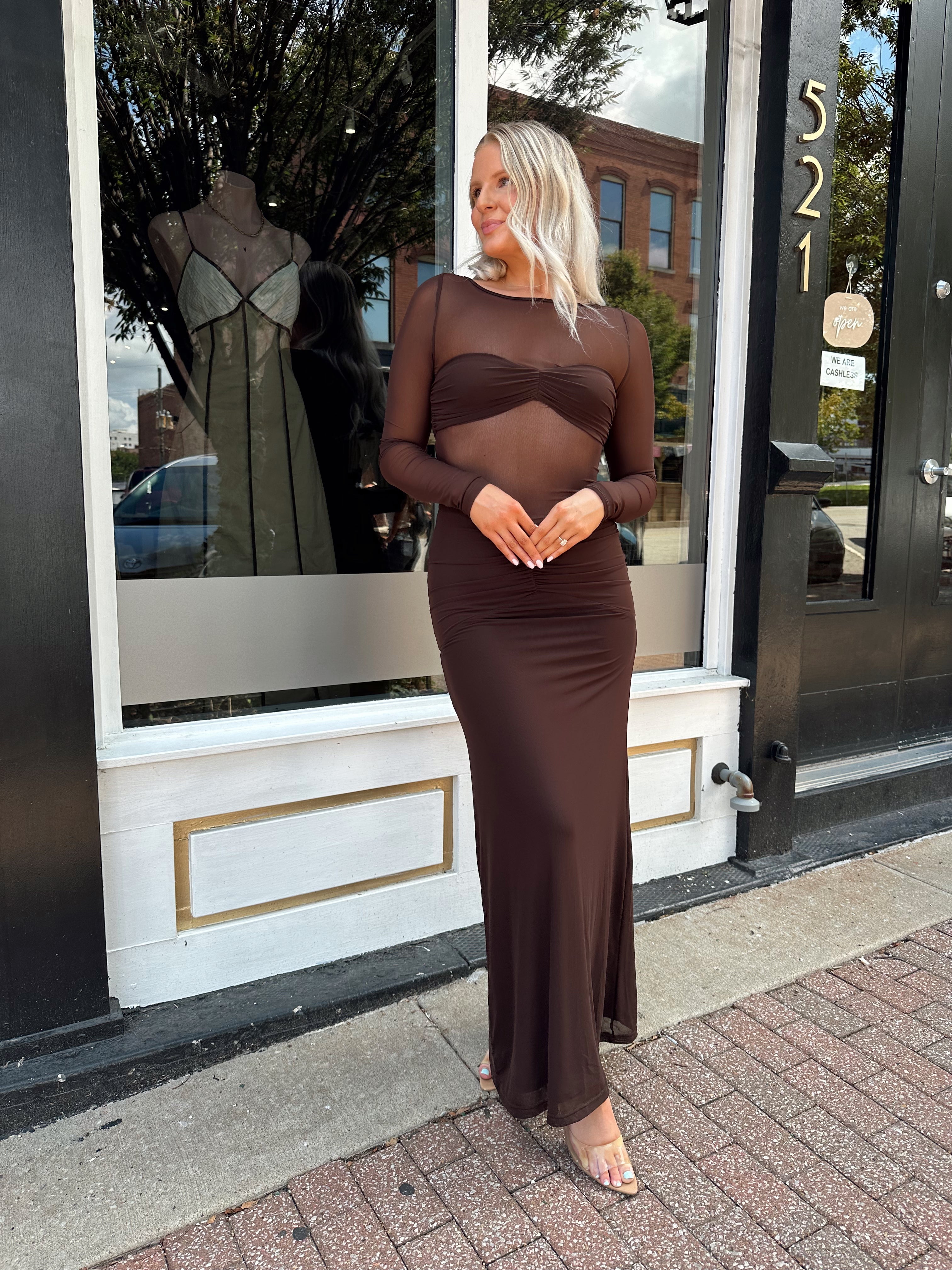 Woman wearing a long sleeve brown sheer maxi dress.