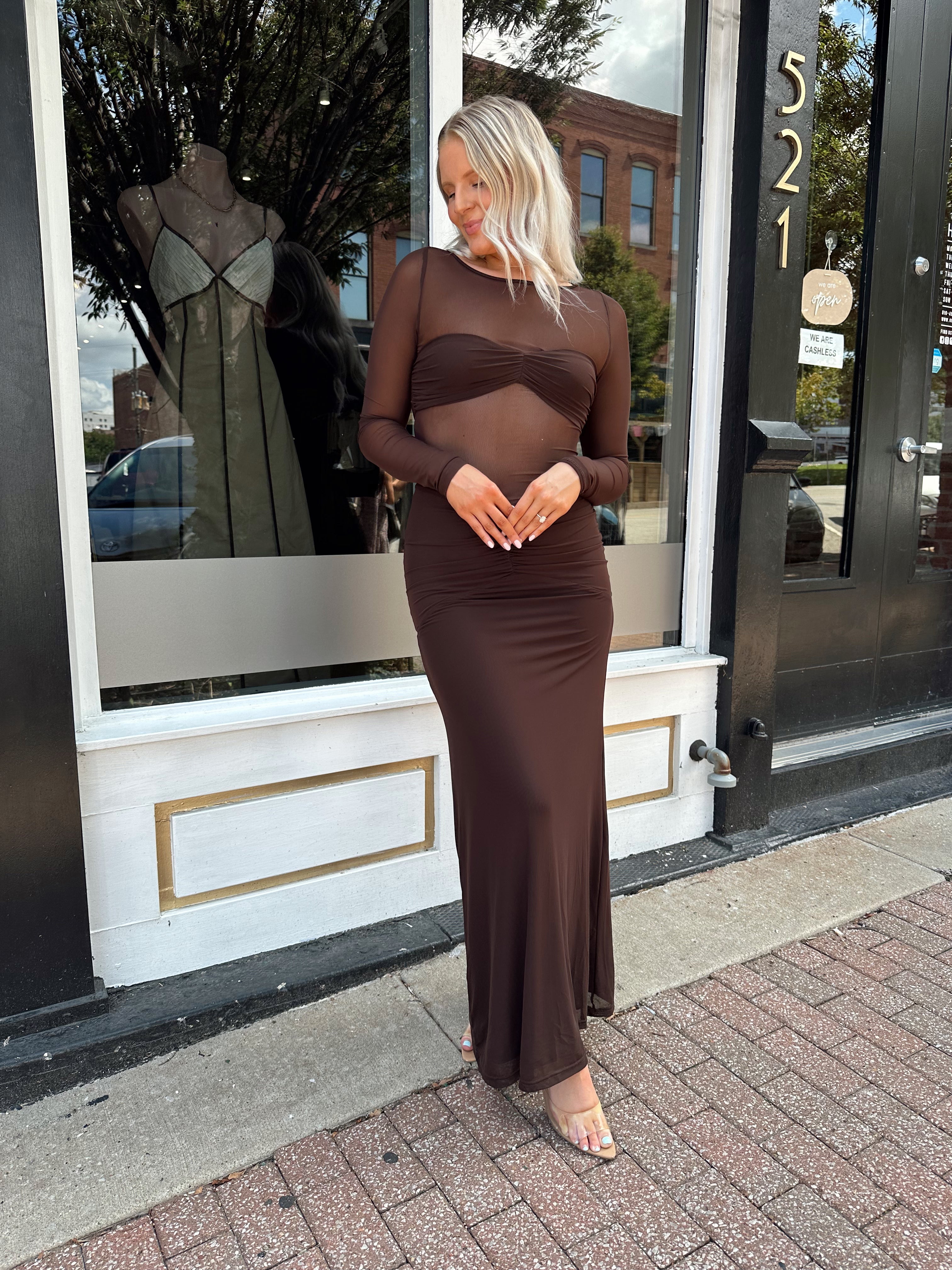Woman wearing a long sleeve brown sheer maxi dress.