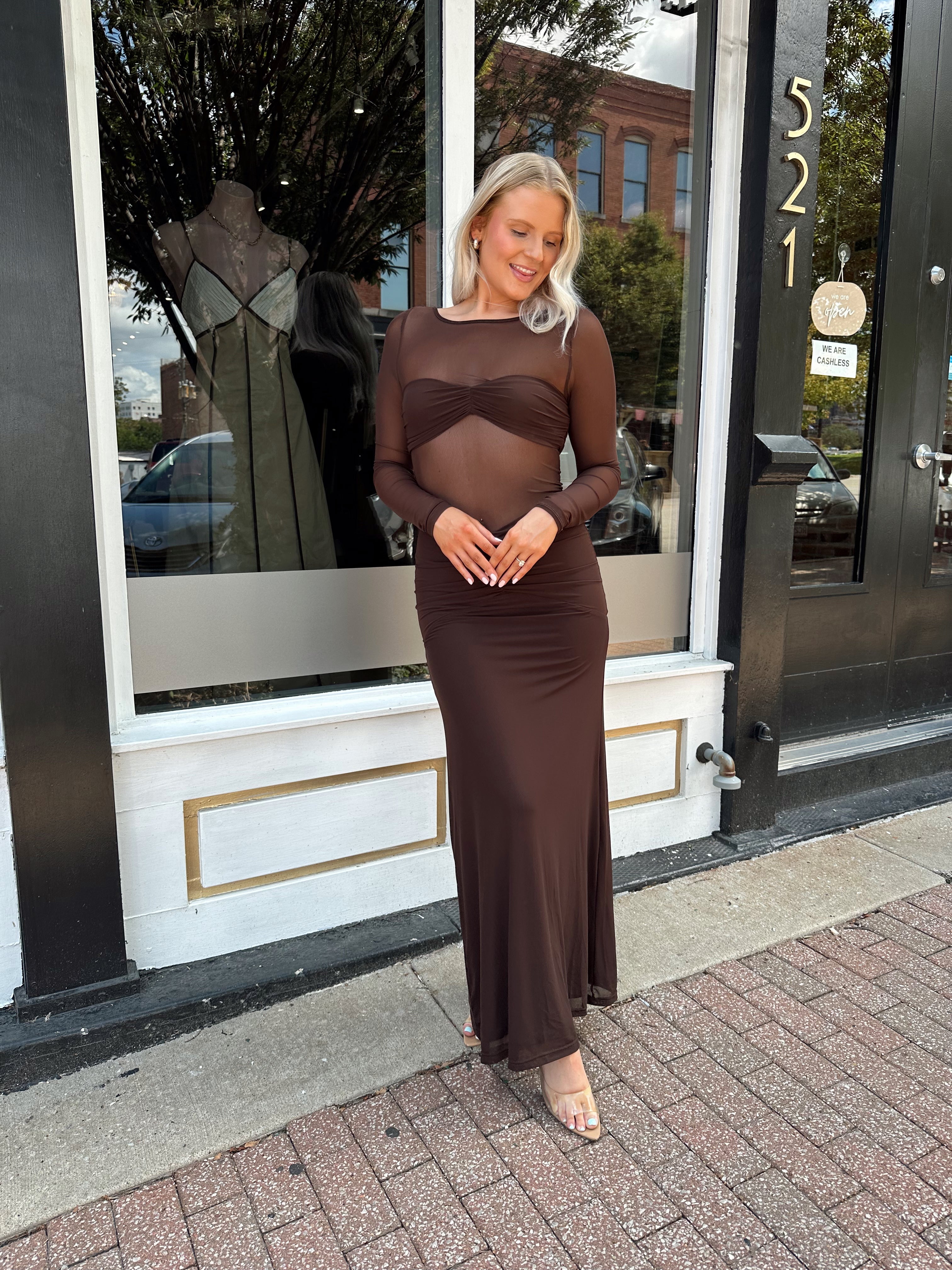 Woman wearing a long sleeve brown sheer maxi dress.