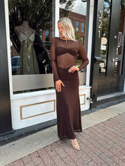 Woman wearing a long sleeve brown sheer maxi dress.