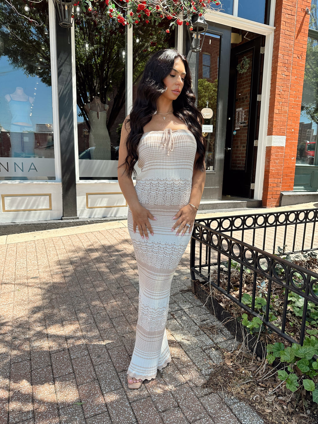Neutral Striped Crochet Maxi Dress – Strapless Fit Small