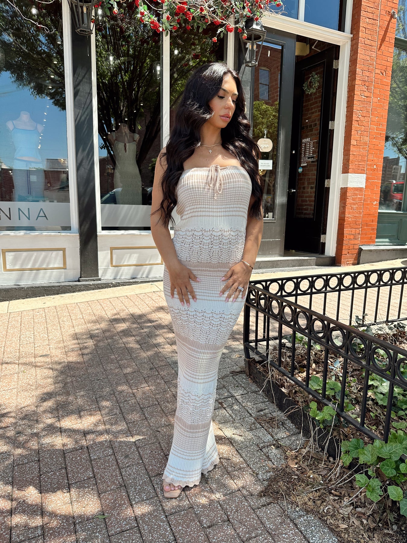Neutral Striped Crochet Maxi Dress – Strapless Fit Small