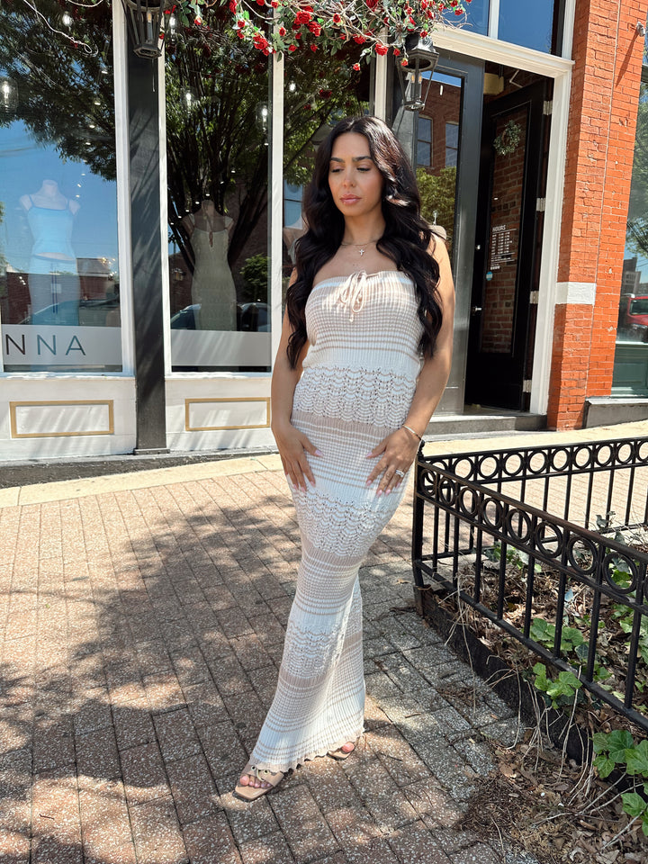 Neutral Striped Crochet Maxi Dress – Strapless Fit Small