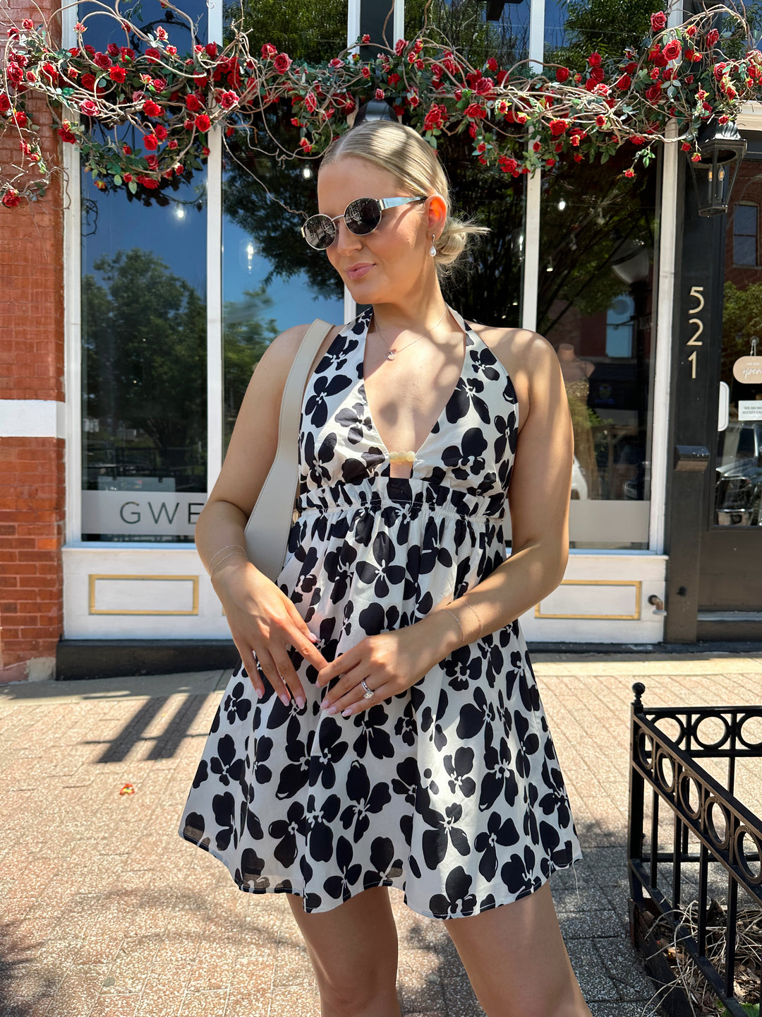 Black and Ivory Cinched Waist Mini Halter Dress | Beaded Floral Dress Gwenna The Label Black and Ivory Cinched Waist Mini Halter Dress | Beaded Floral Dress Gwenna The Label