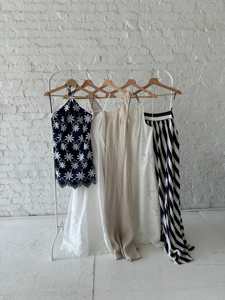 Navy and neutral summer dresses.