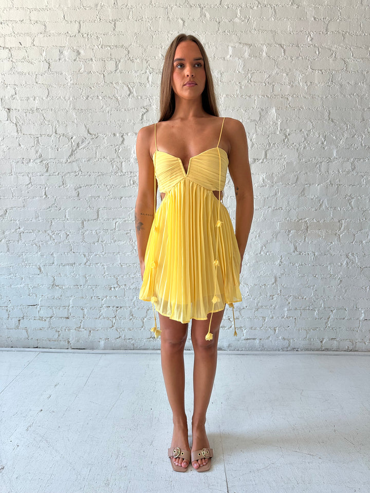 Woman wearing yellow pleated mini dress with side cutouts, and floral tassels. 