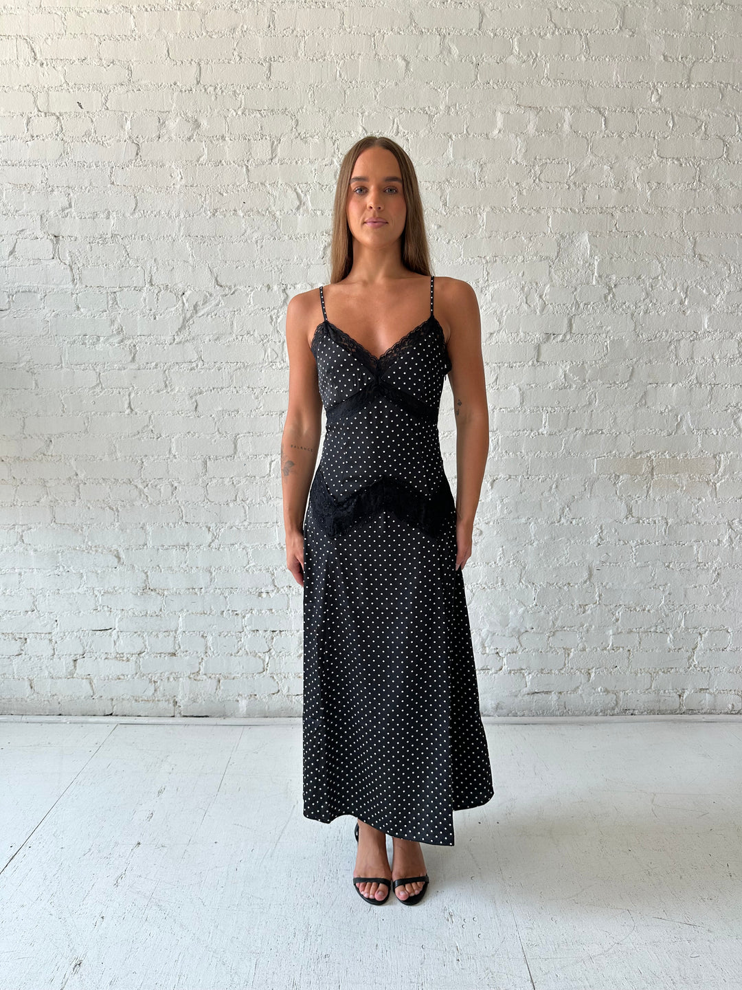 Black Polka Dot Satin Midi Dress