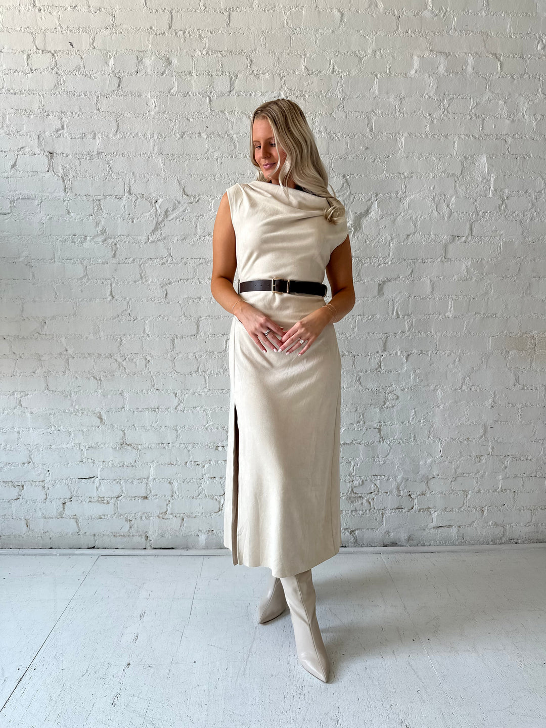 suede midi dress Beige Dayanna The cinched waist creates a flattering silhouette while short sleeves keep you cool and polished Laila Green Suede Boat Neck