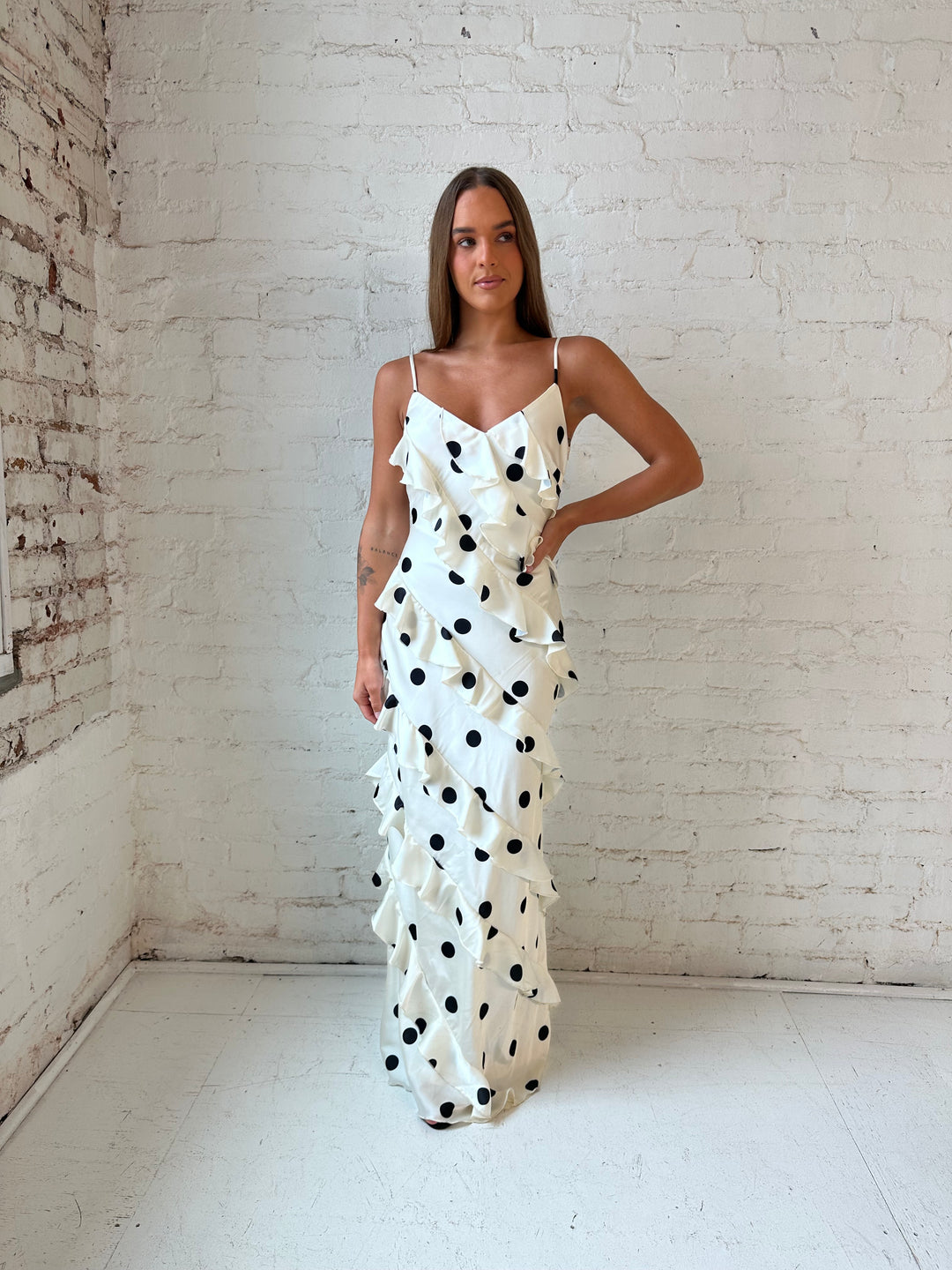 Cream Polka Dot Ruffle Maxi Dress