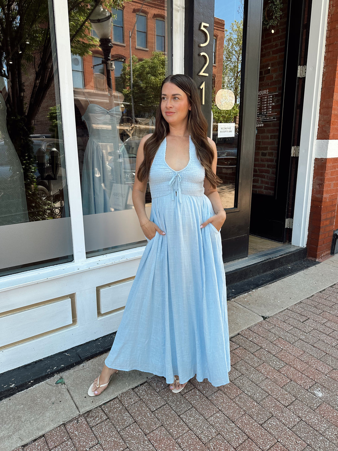 Blue Smocked Halter Midi Dress Blue Smocked Halter Midi Dress