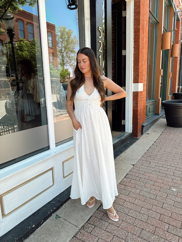 smocked halter dress White Midi Casual Fall Dresses - Halter neckline NotClearance Color:BLACK WHITE LEATHER