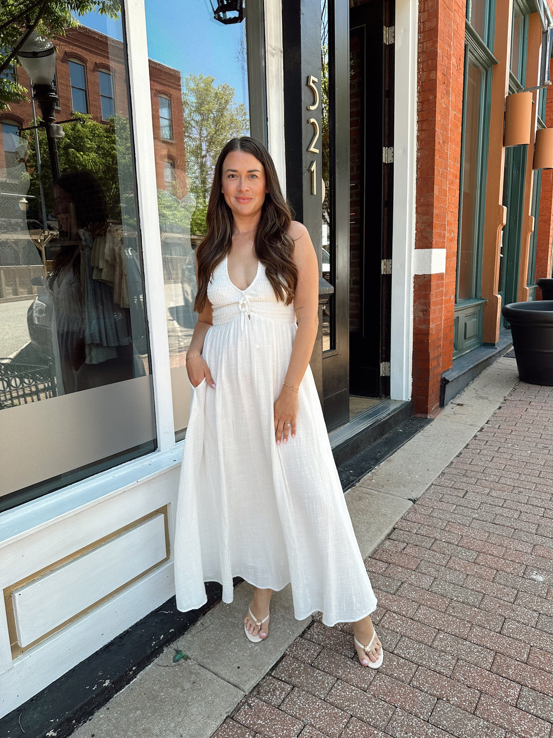 White Smocked Halter Midi Dress