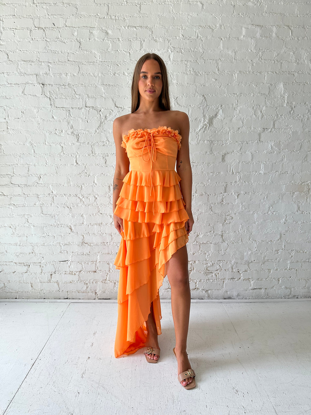orange ruffle dress maxi Aminah Orange Ruffle Maxi Dress by OFUURE