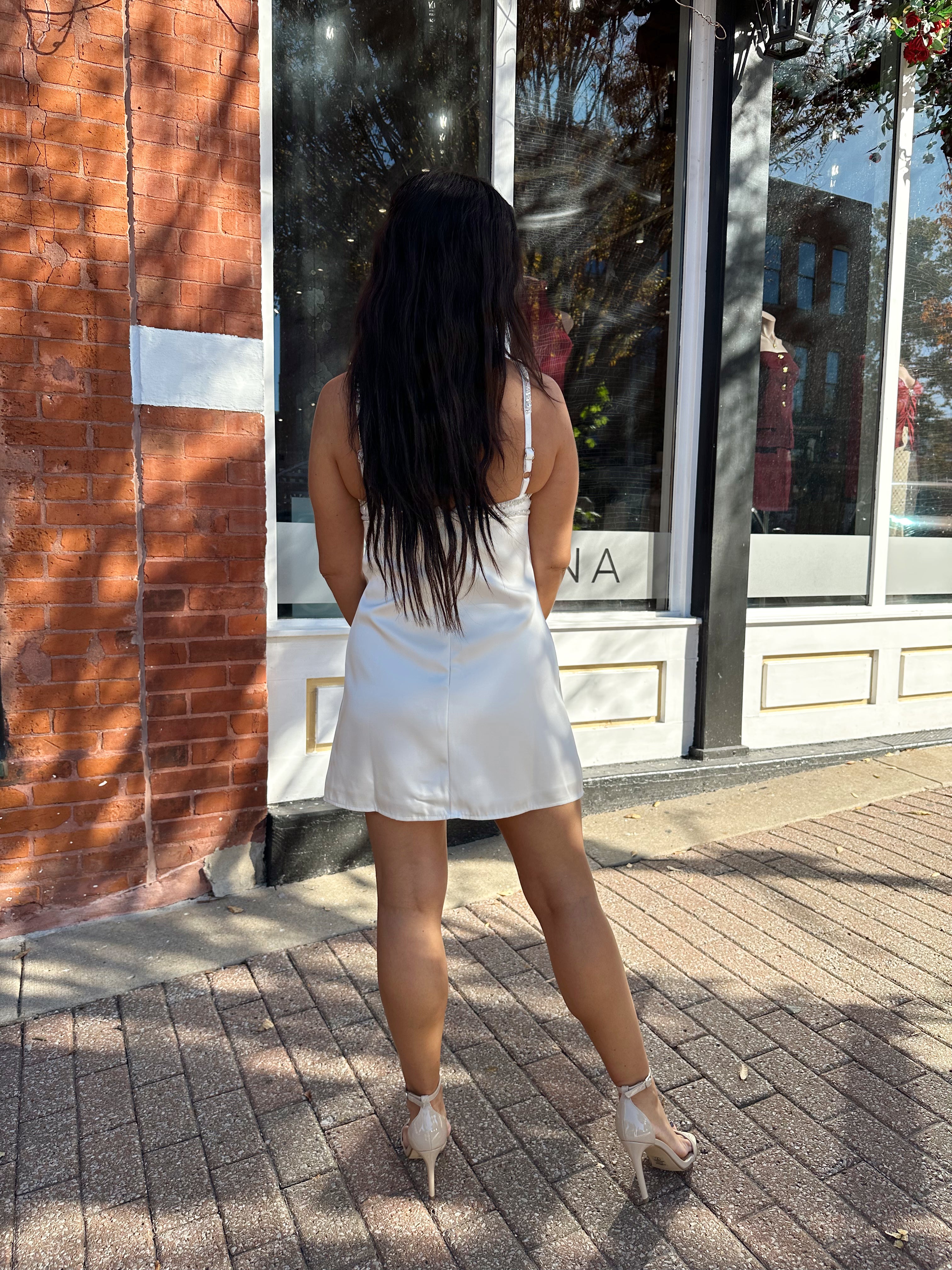 Amelia White Jewel Satin Mini Dress