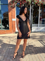 Asa Black Short Sleeve Bow Detail Satin Mini Dress