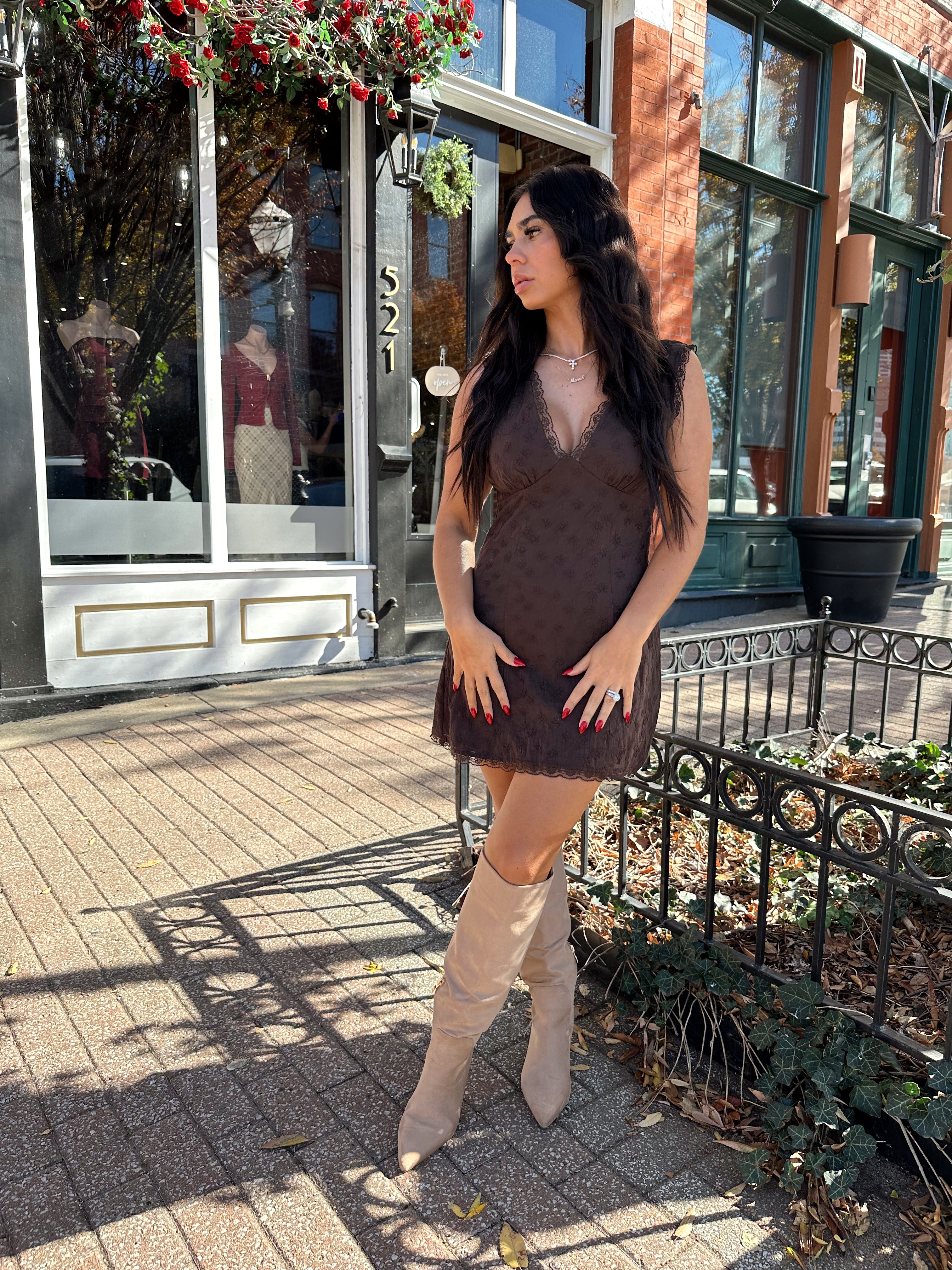Rhea Brown Eyelet Lace Mini Dress