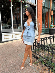 Ronny Baby Blue Clip Dot Halter Tie Front Top