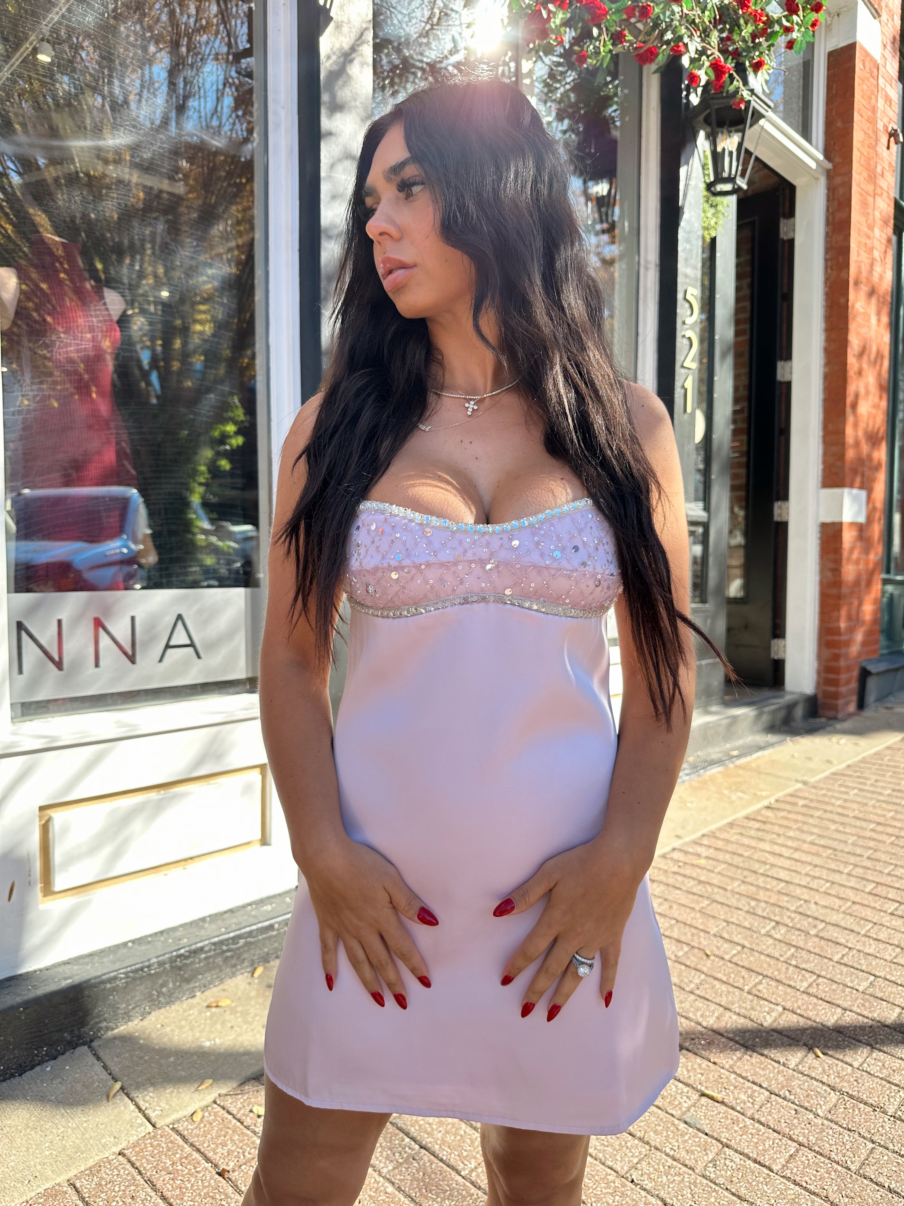 Aurora Light Pink Jewel Satin Mini Dress