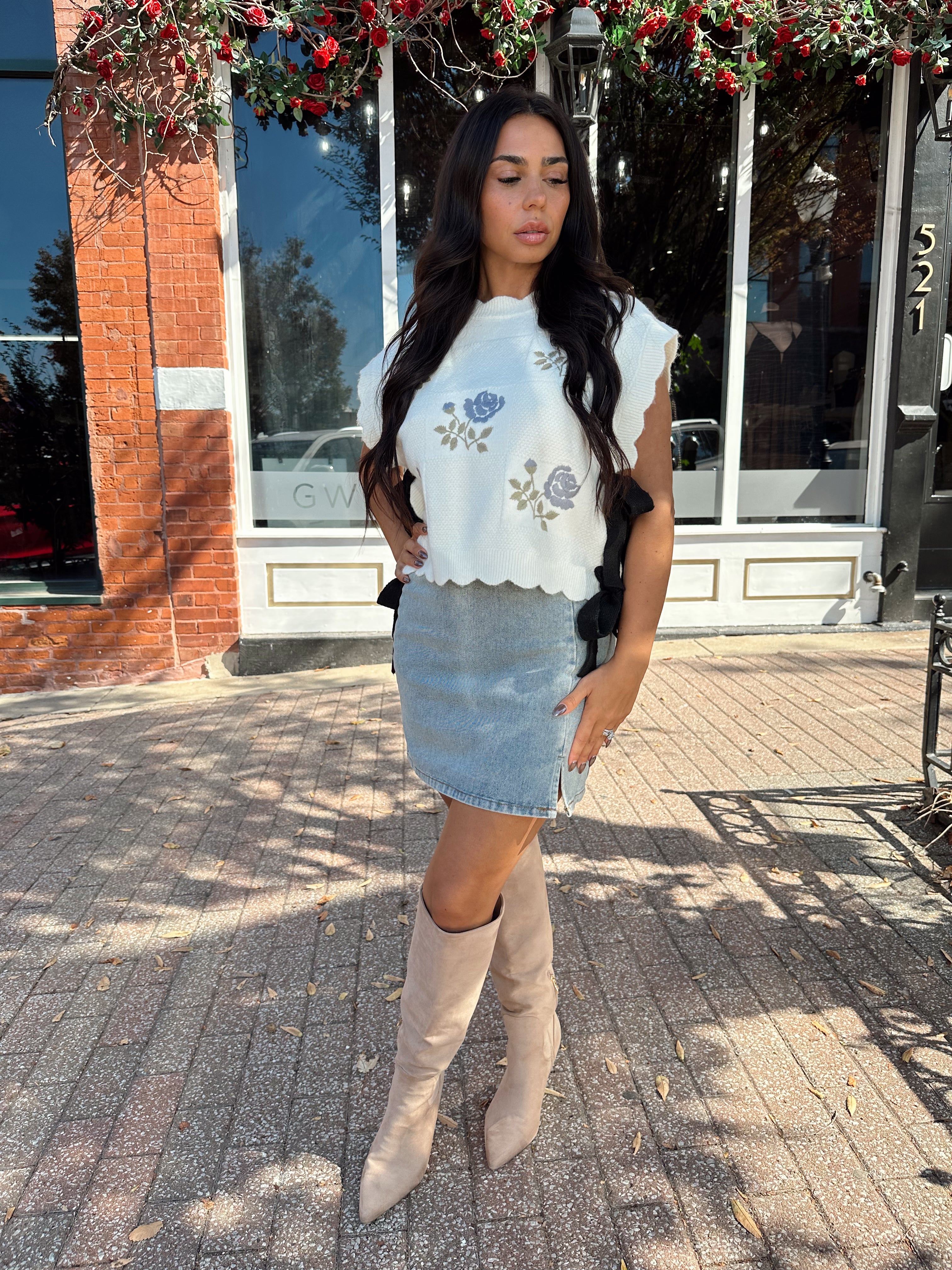 Maybell Cream Knit Vest with Floral Embroidery