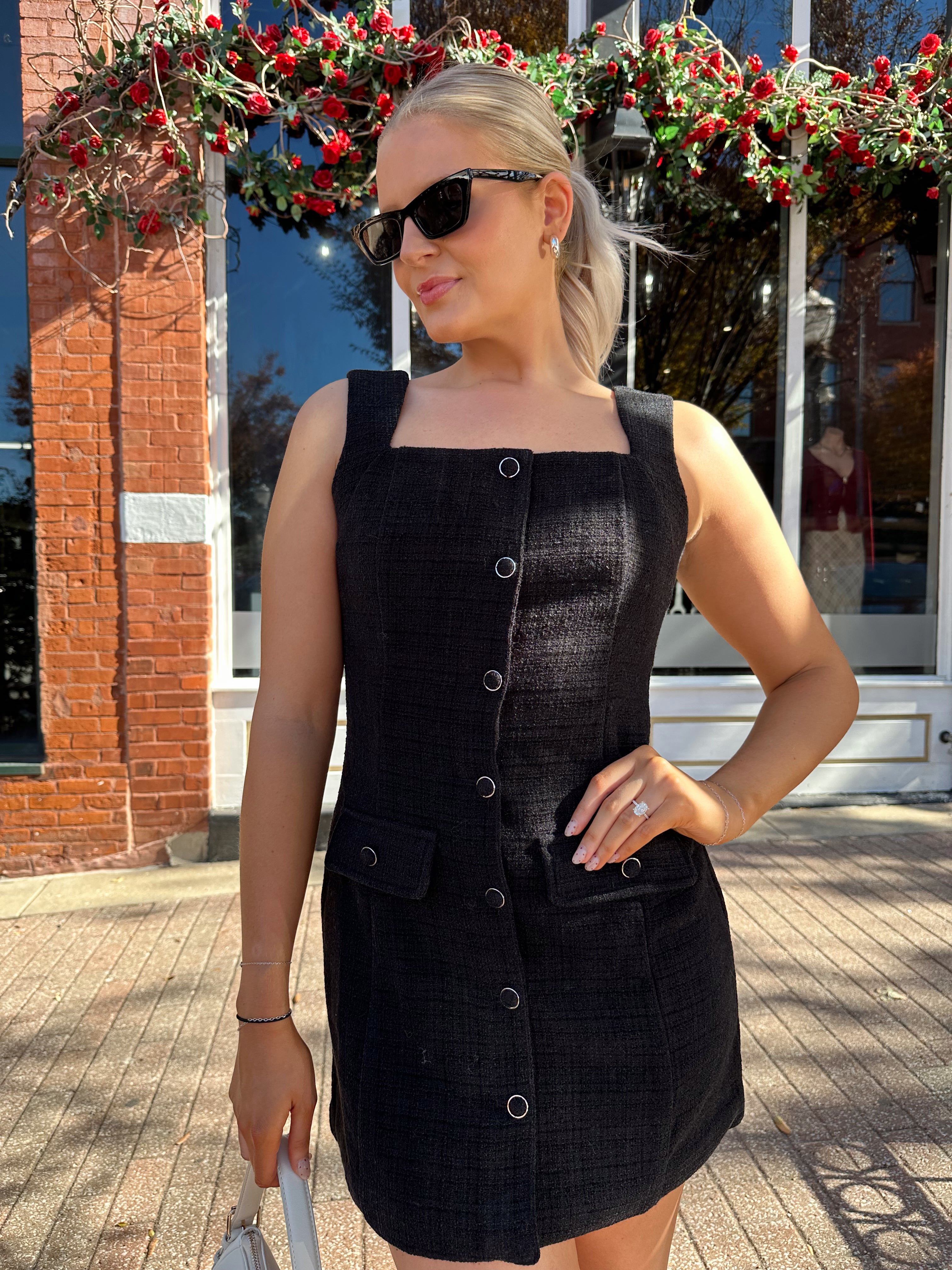 Kleo Black Bouclé Button Down Mini Dress