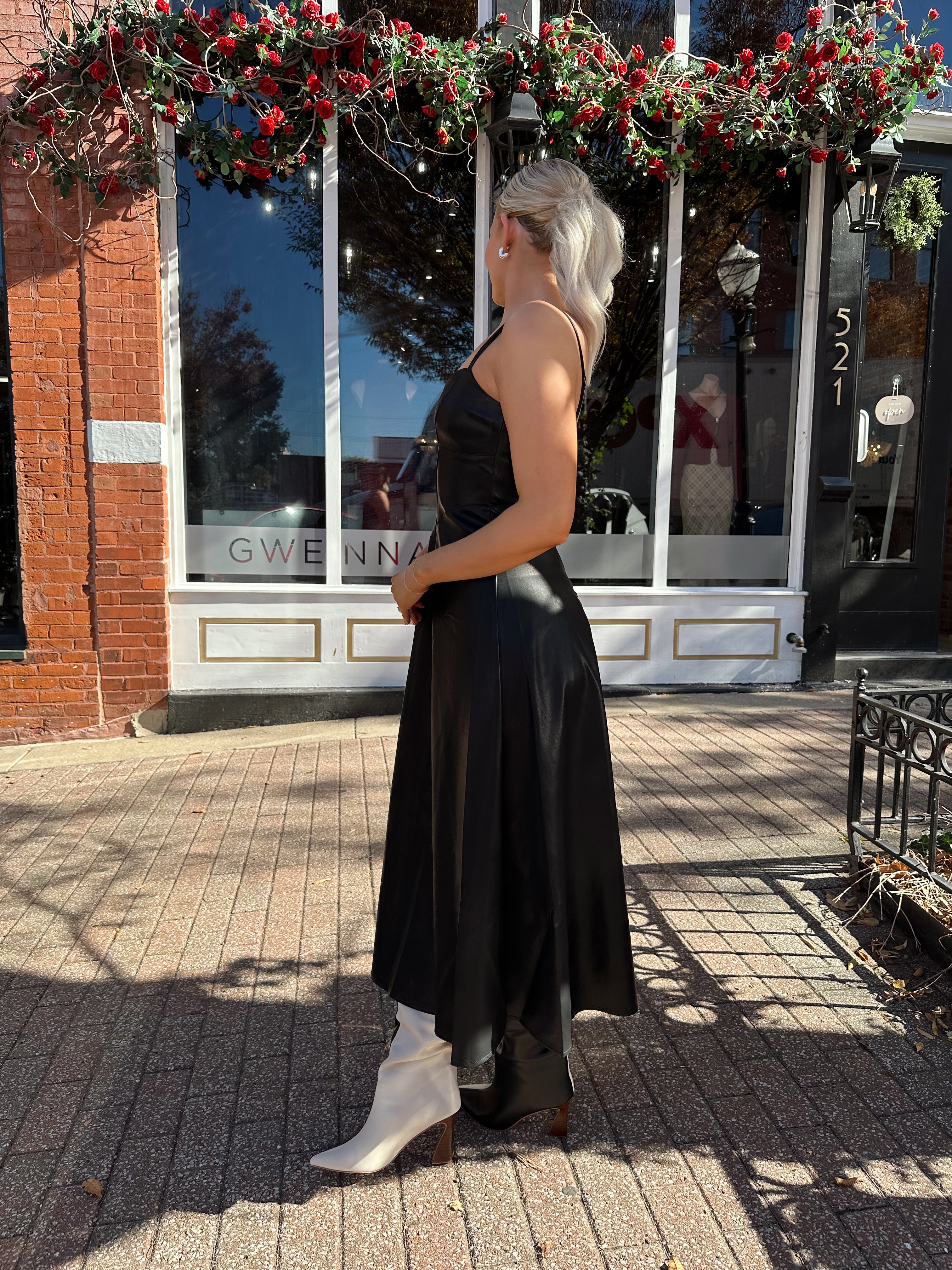 Nico Spaghetti Strap Leather Midi Dress