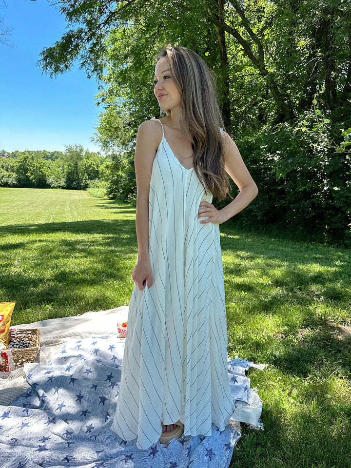 Frankie White and Blue Stripe Tie Maxi Dress