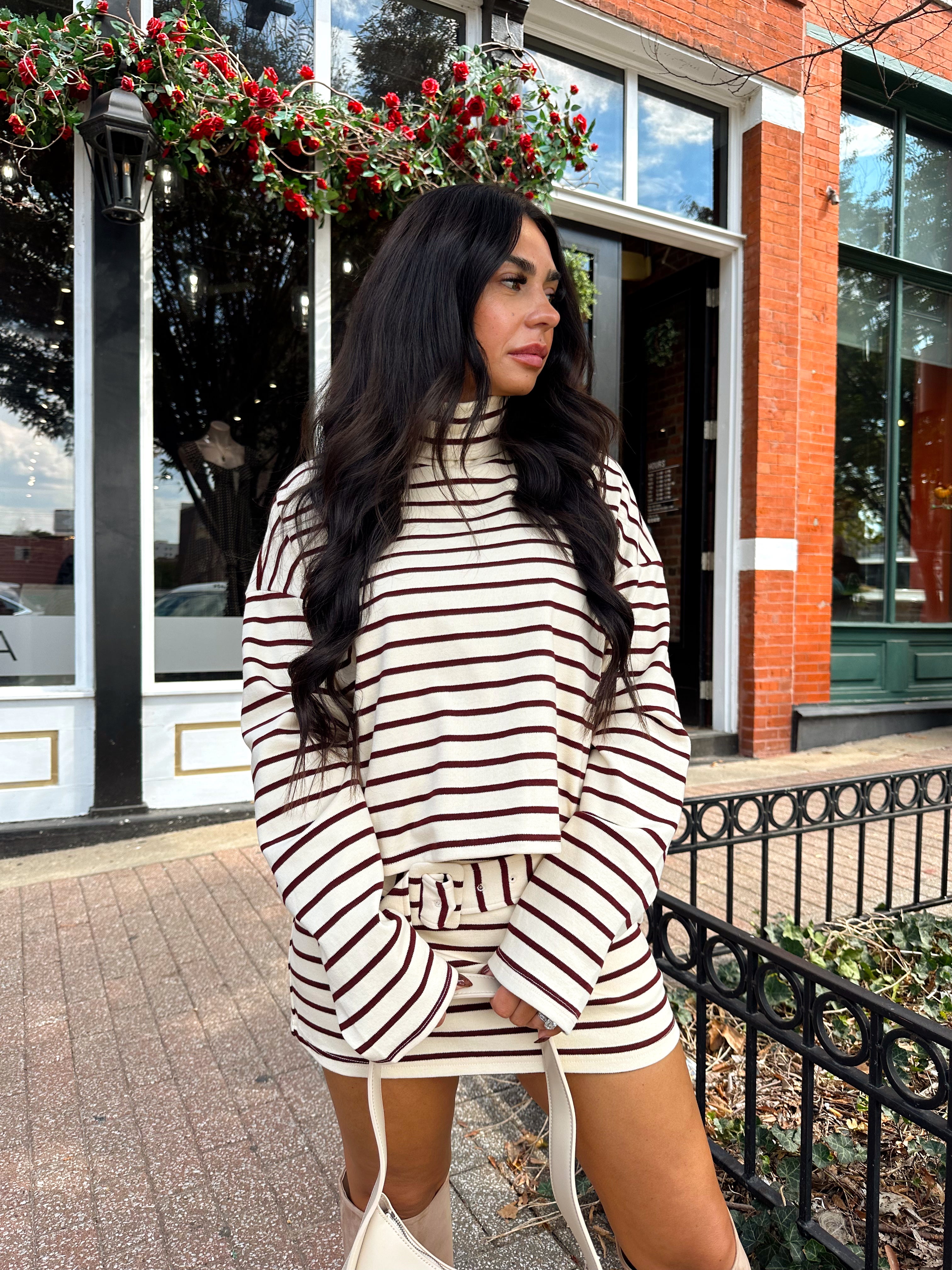 Annabelle Cream and Maroon Striped Two-Piece Skort Set