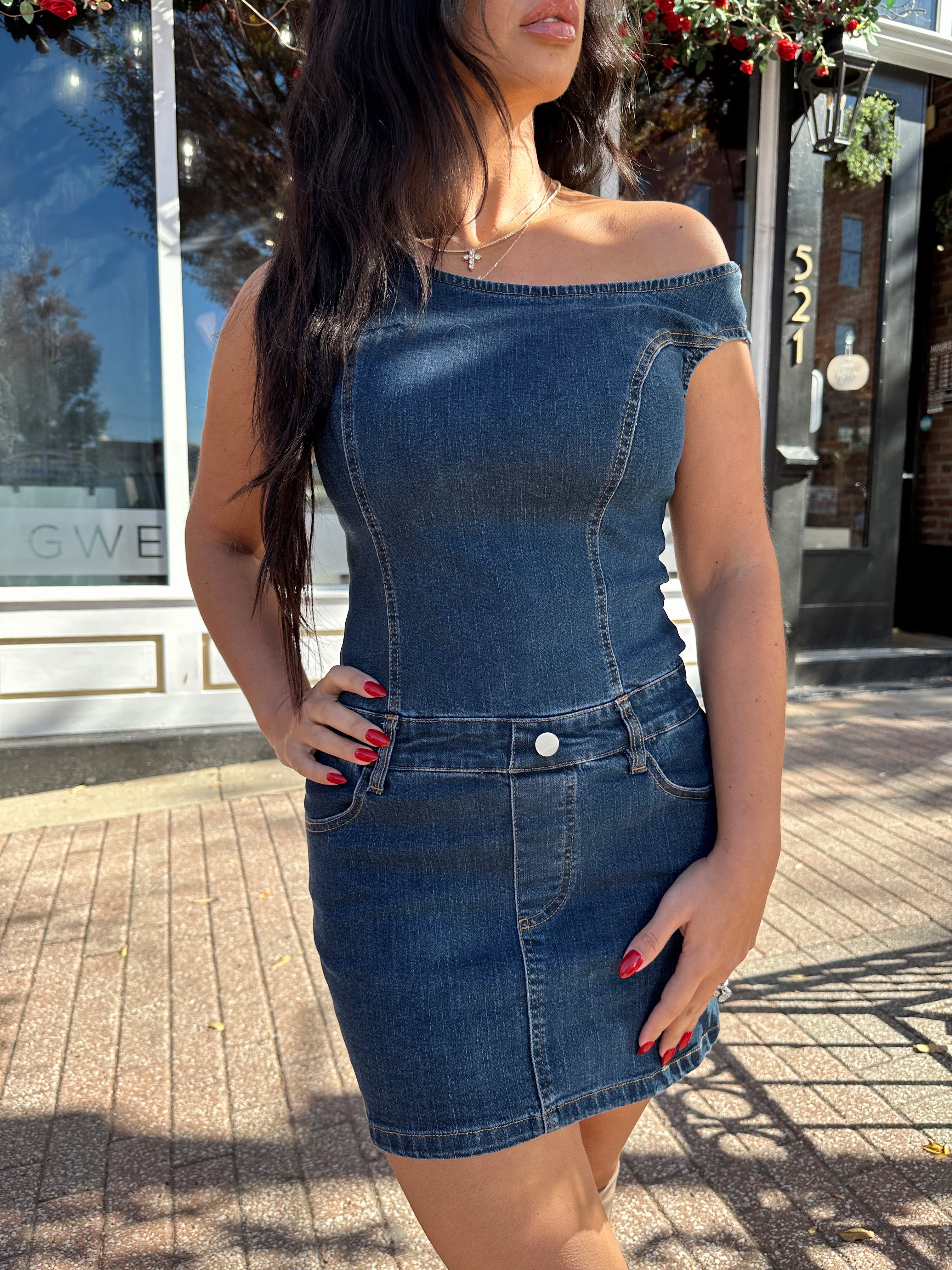 Jett Dark Wash Denim Asymmetrical Shoulder Mini Dress