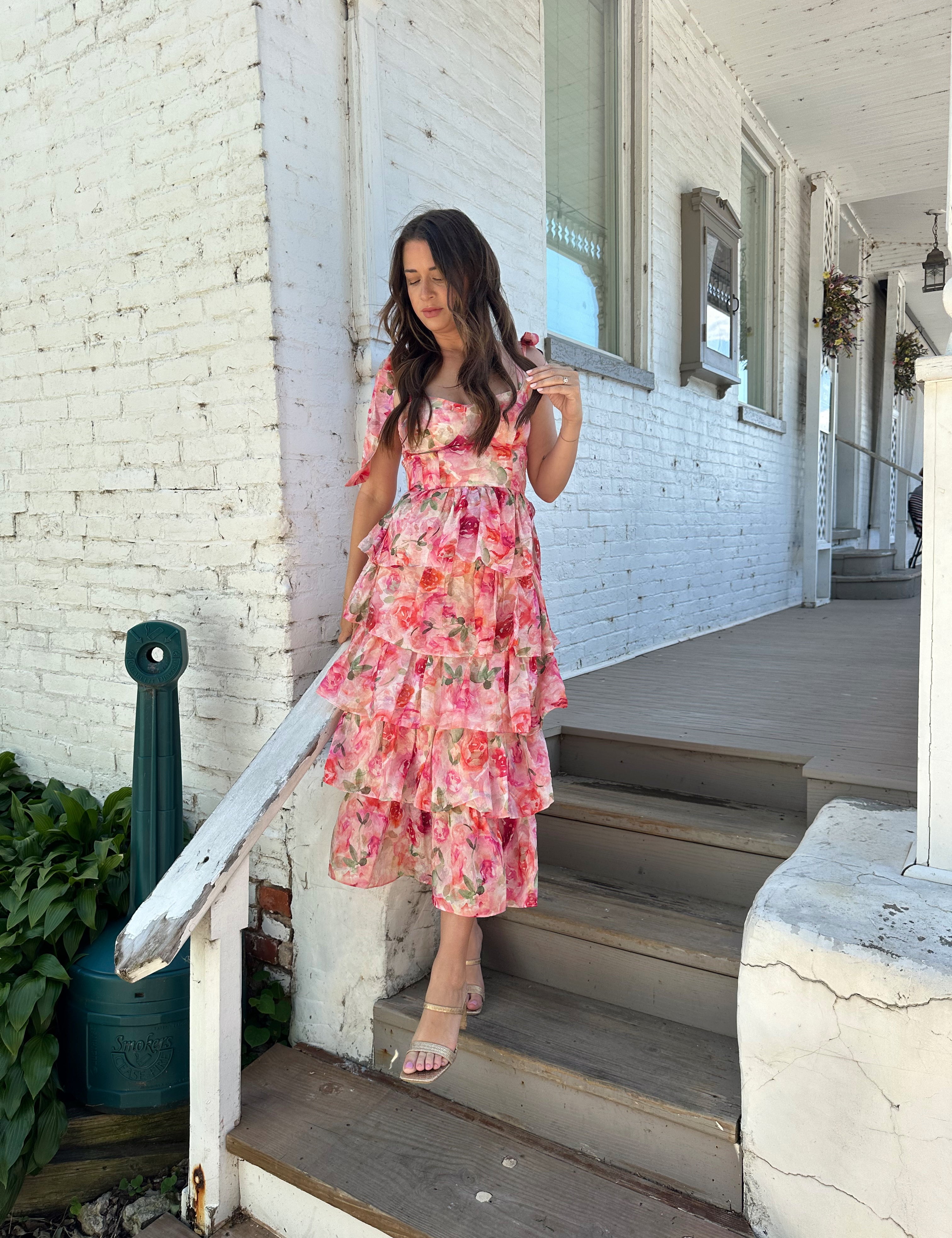 Pink floral tiered midi dress with self tie straps