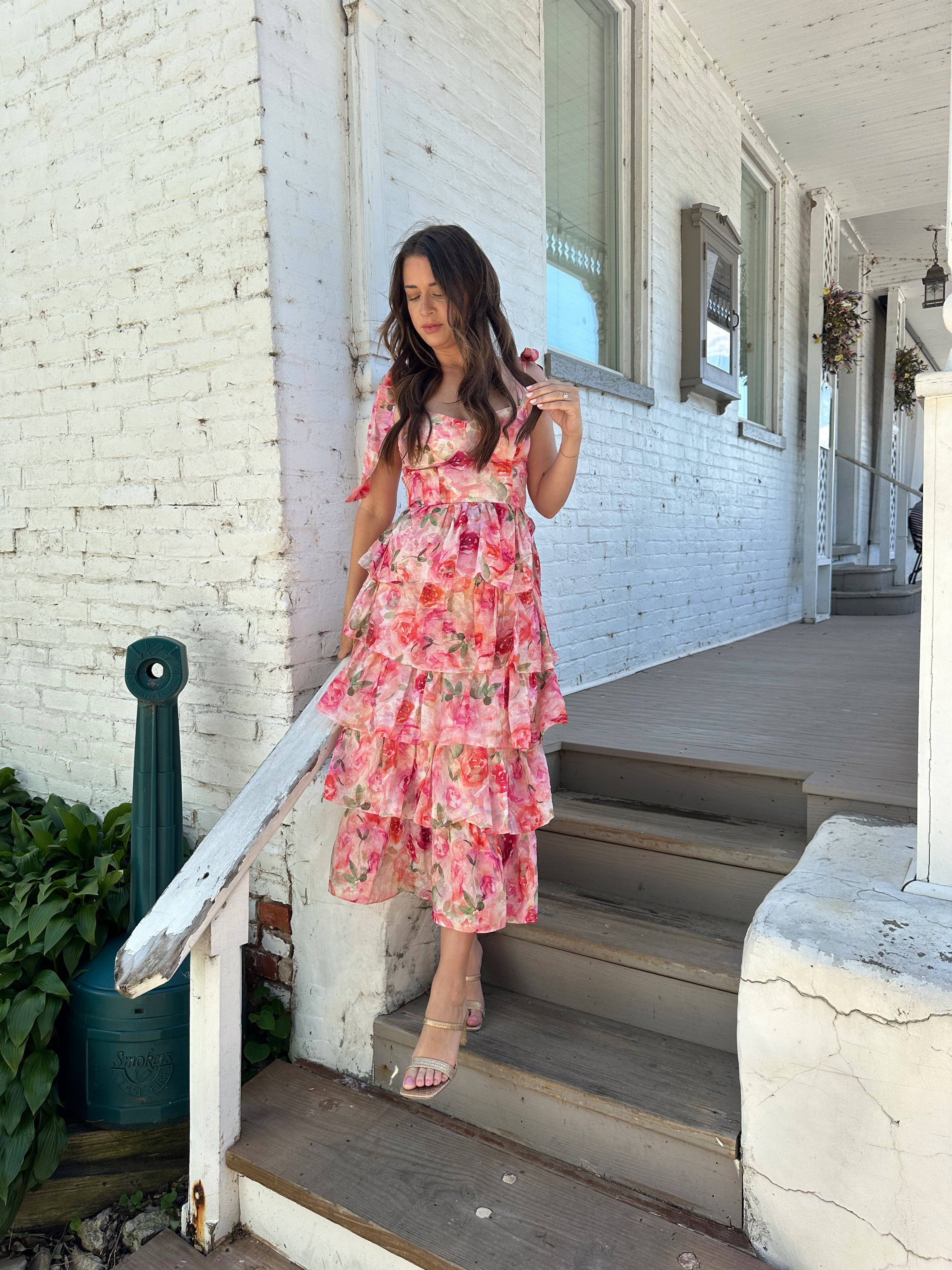 Pink floral tiered midi dress with self tie straps