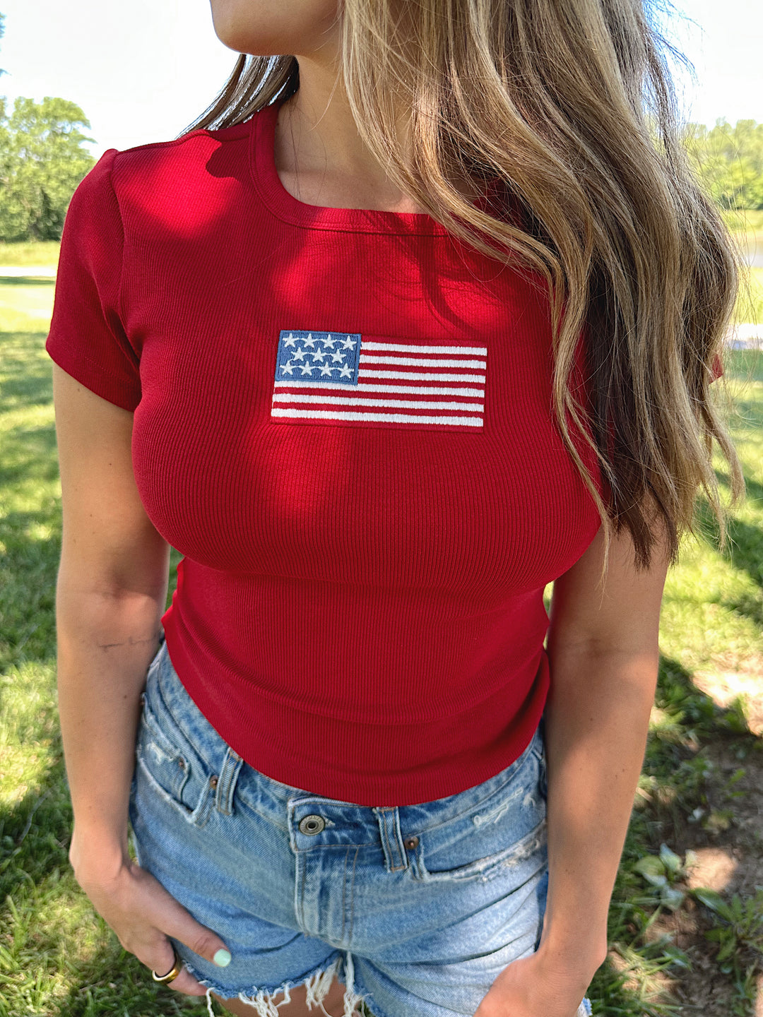 Embroidered American Flag Baby Tee- Red