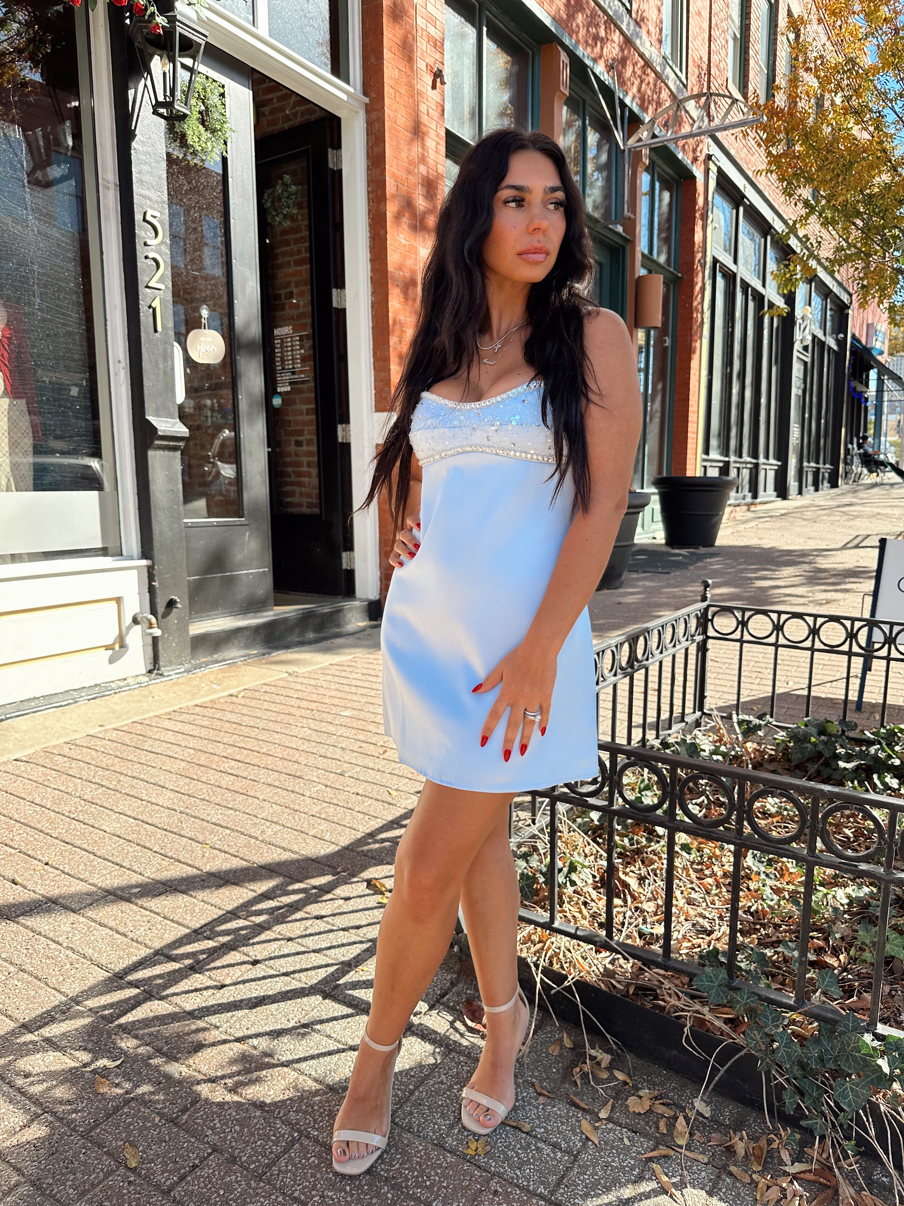 Maeve Sky Blue Jewel Mini Dress