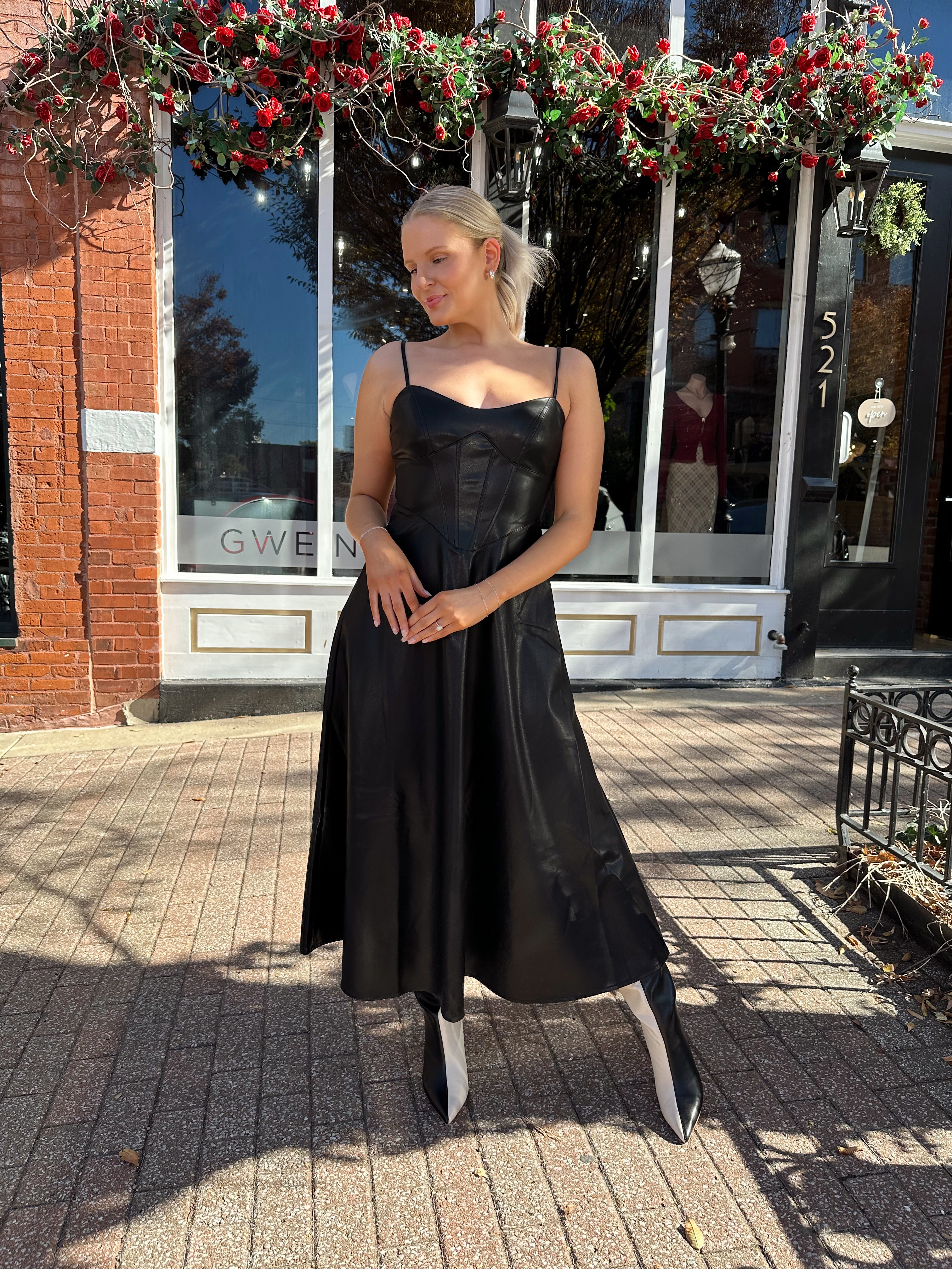 Nico Spaghetti Strap Leather Midi Dress