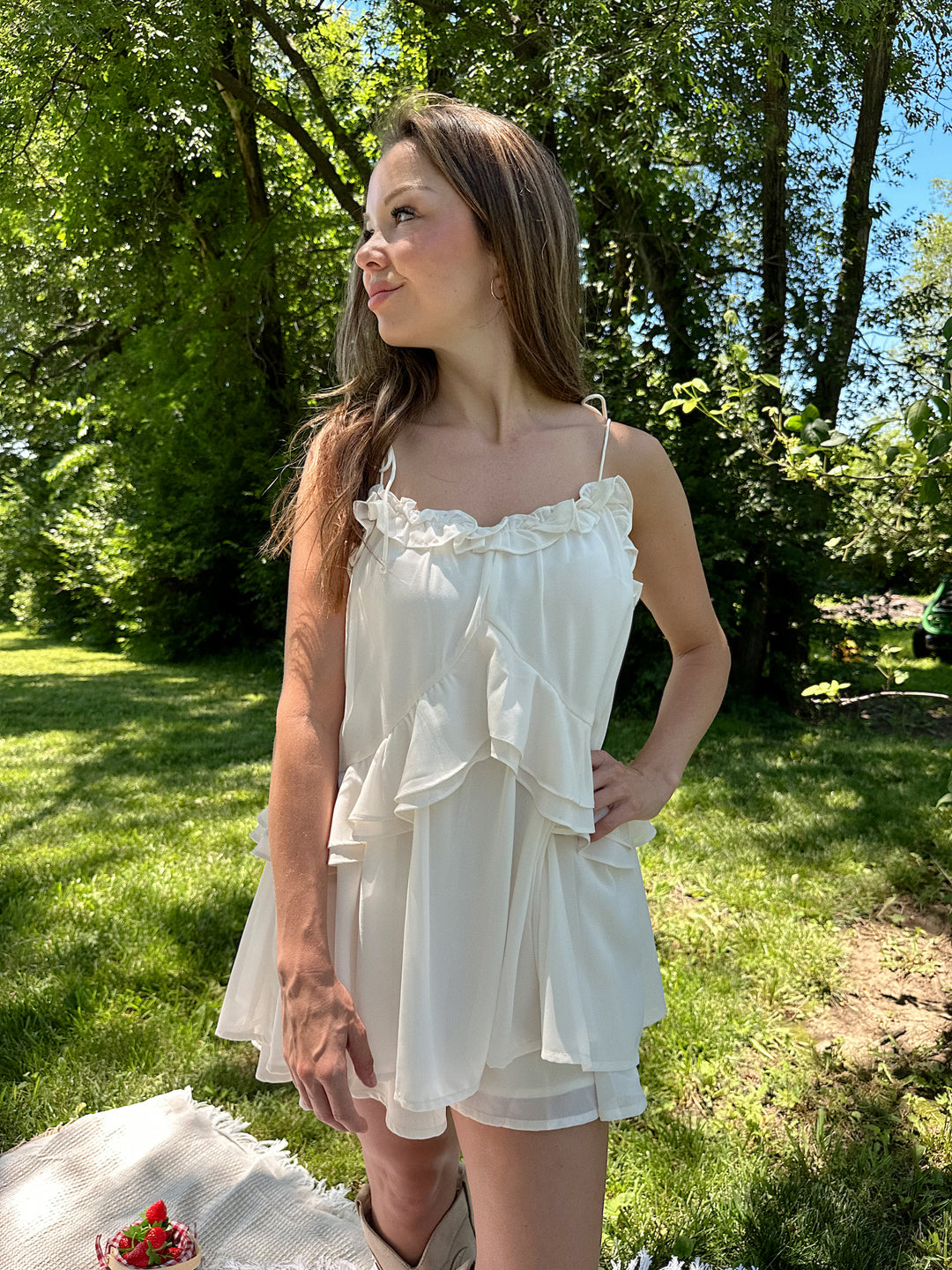 Camille Ivory Ruffle Tie Strap Romper
