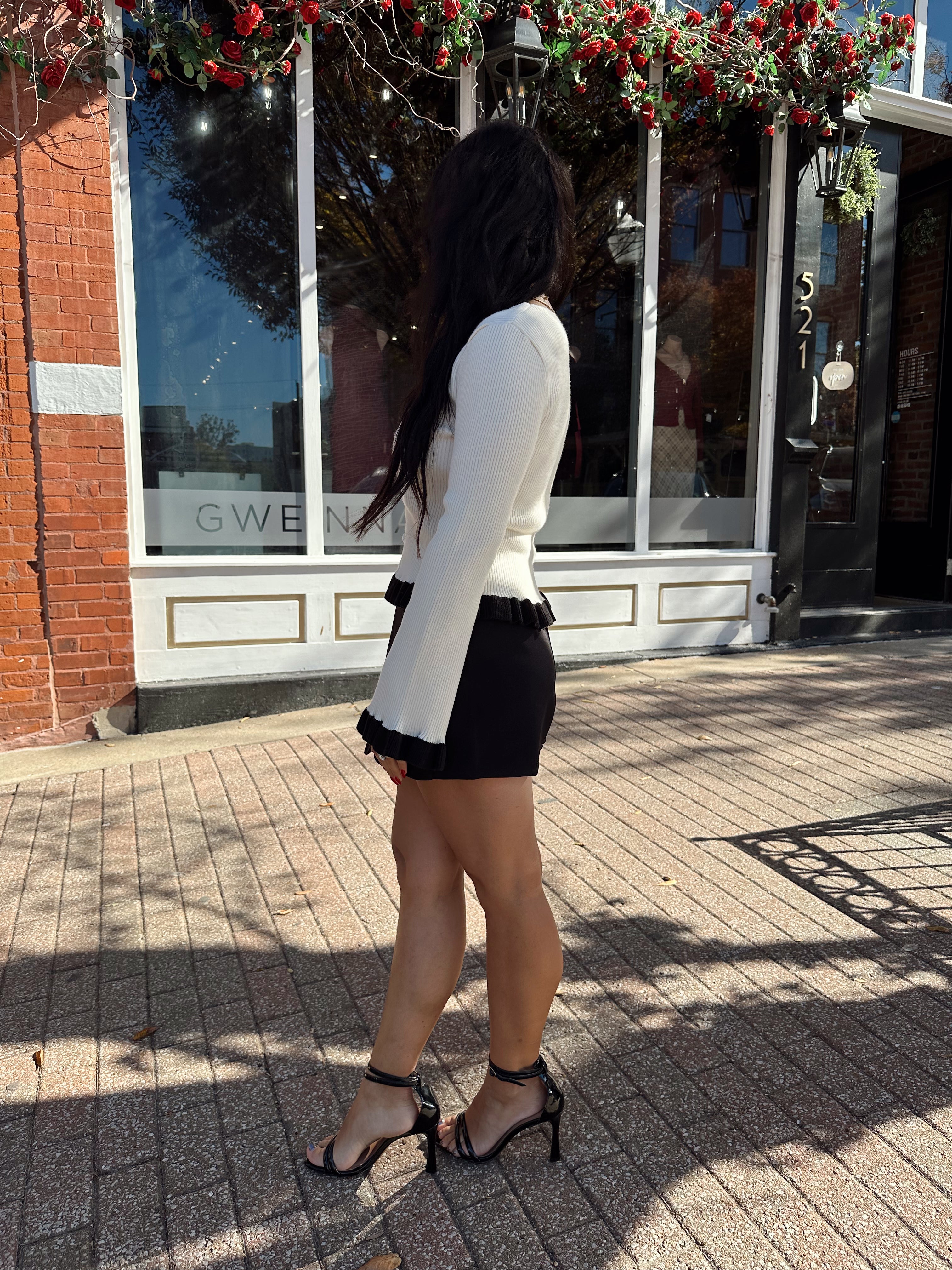 Lucia White and Black Contrast Long Sleeve Cut Out Top