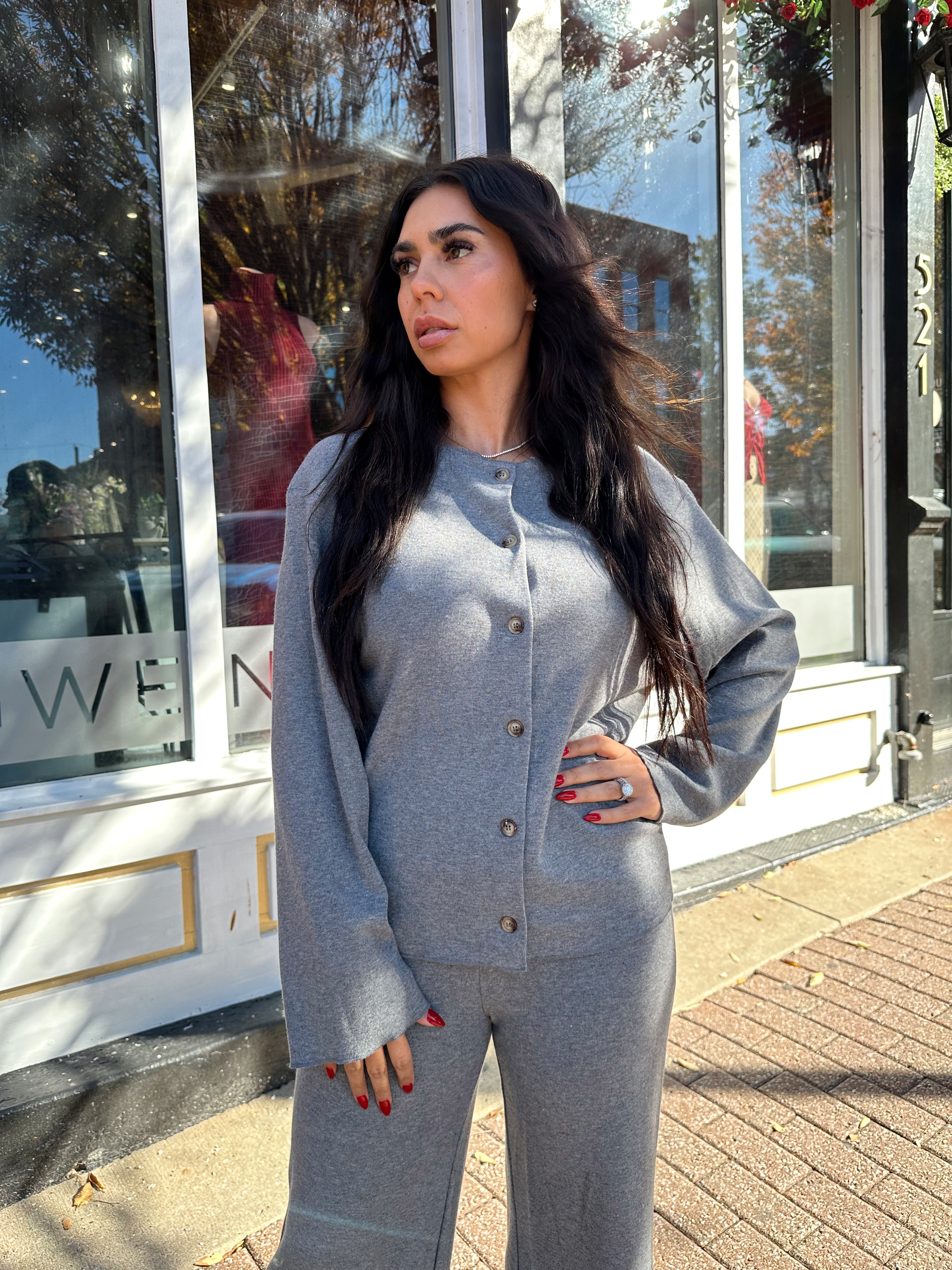 Kaycee Grey Cardigan and Wide Leg Pant Two-Piece Set