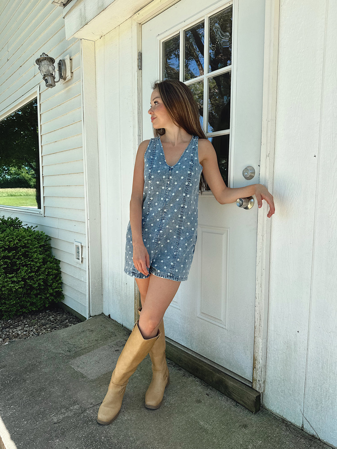 Lainey Polka Dot Denim Romper