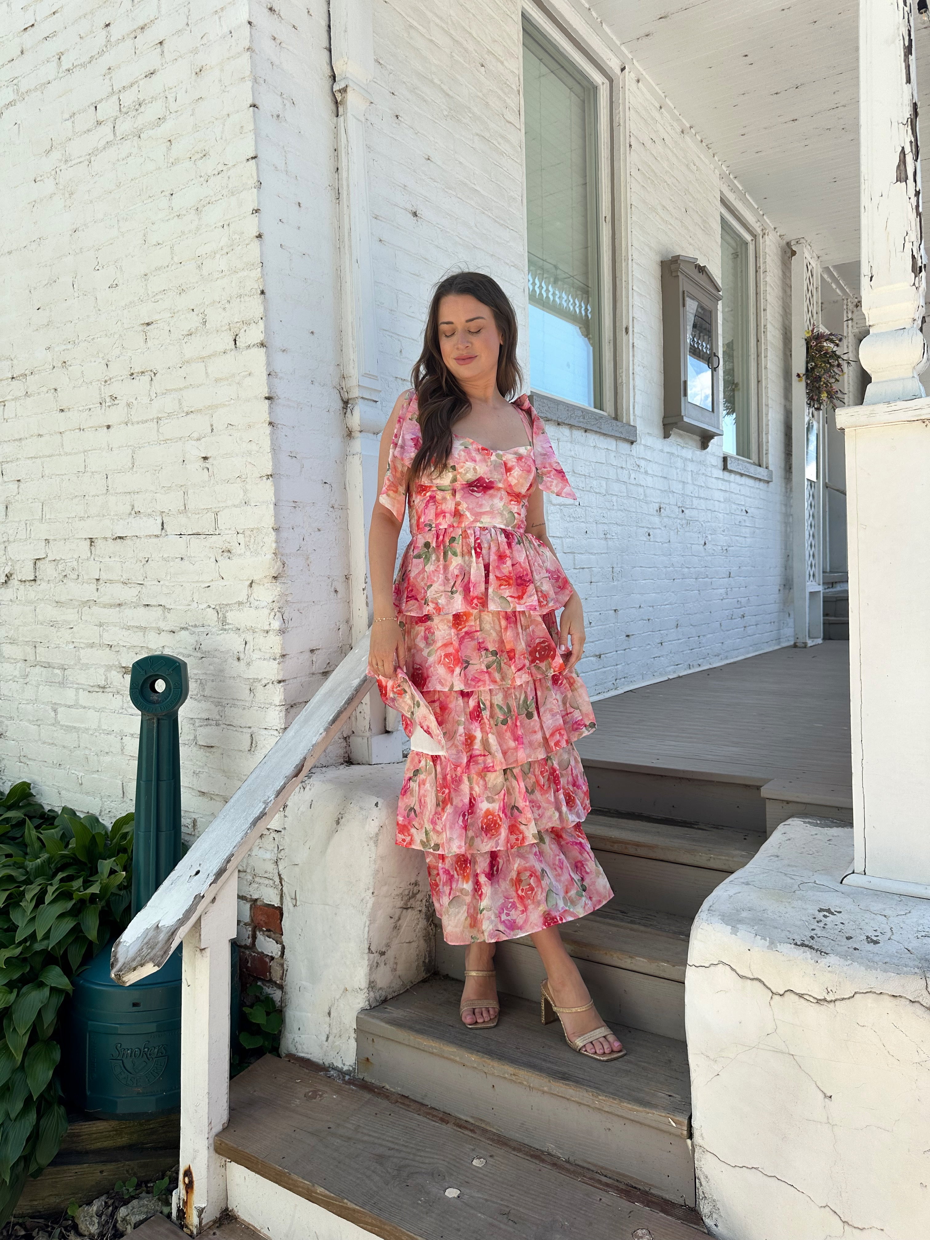 Pink floral tiered midi dress with self tie straps