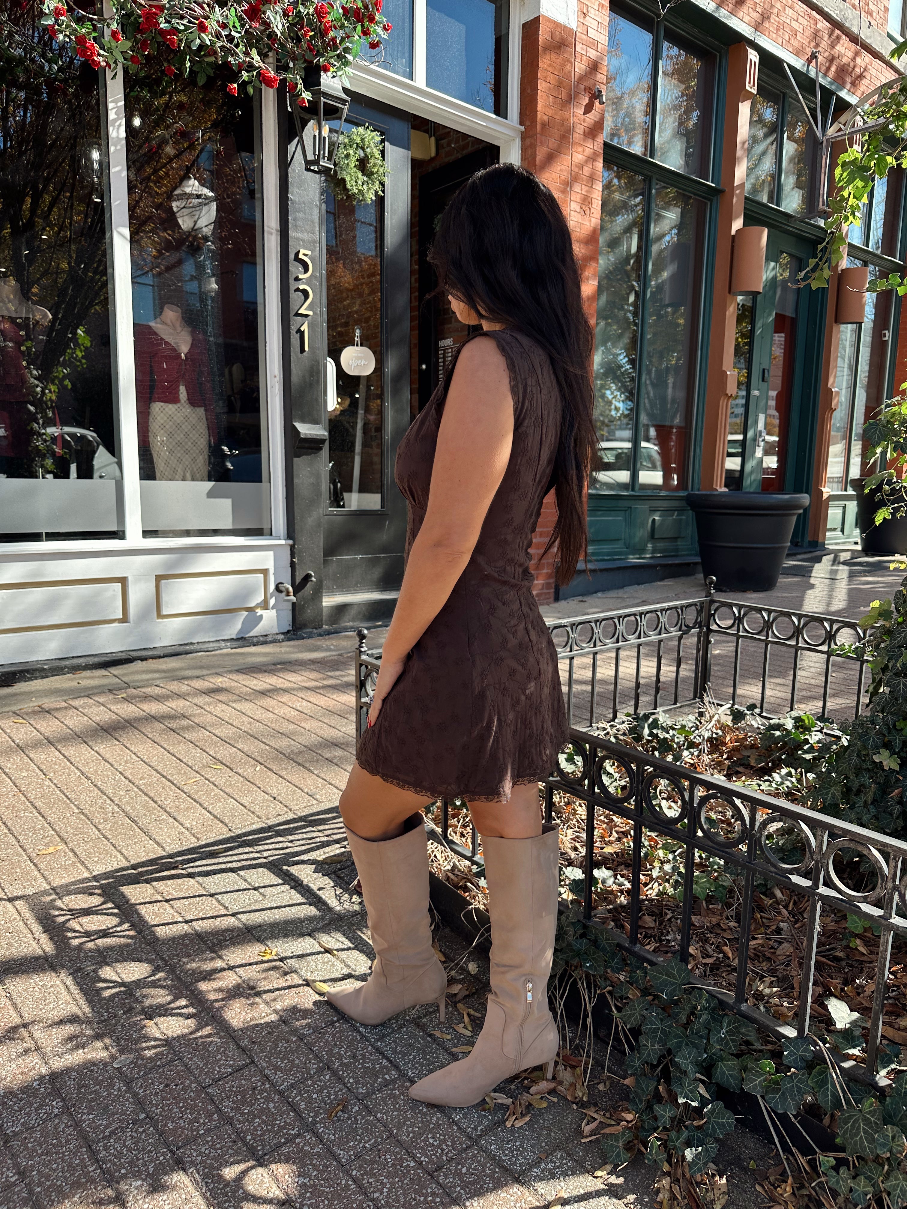 Rhea Brown Eyelet Lace Mini Dress